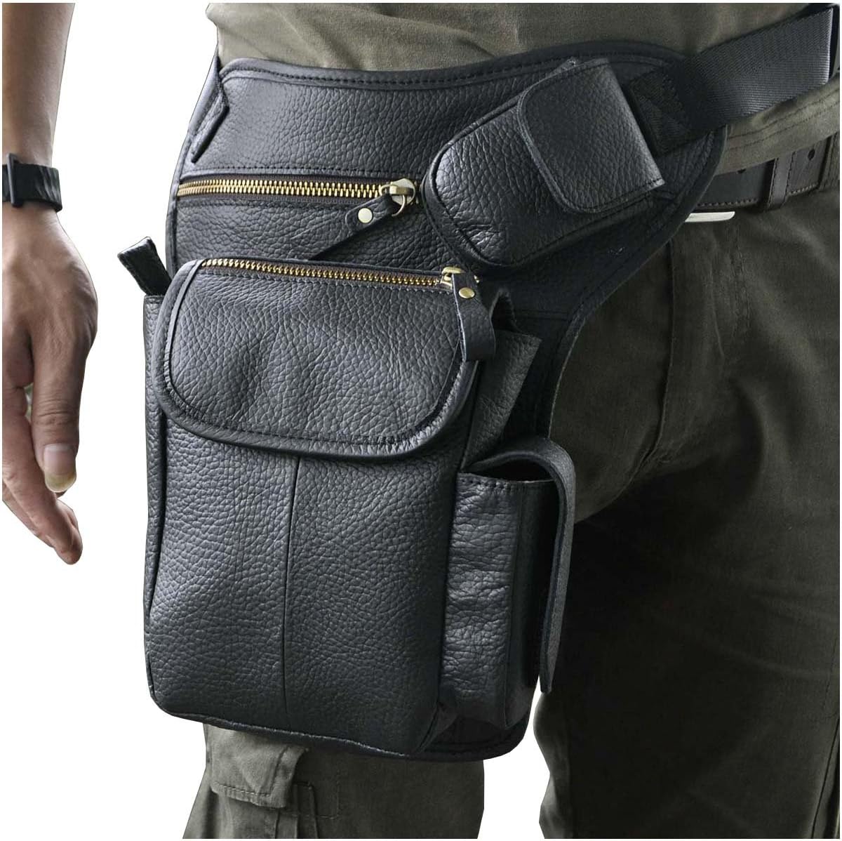 Le'aokuu Mens Genuine Leather Motorcycle Hiking Belt Waist Hip Bum Pack Drop Leg Bag Pouch 3106