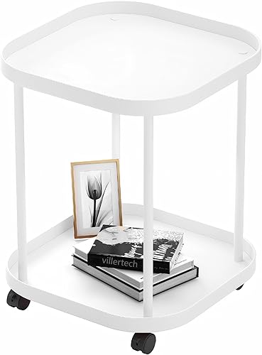 Miniatura 19 de Mesa auxiliar con ruedas, mesa auxiliar para sala de estar, sofá móvil de plástico, mesita de noche pequeña, dormitorio, color blanco (paquete de 2)
