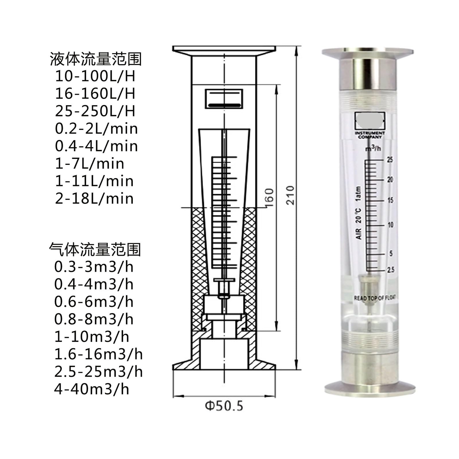 1 unidad de 1,5 "Tri Clamp K50.5mm 304 acero inoxidable PVC LZM-25GK medidor de flujo de flotador de agua de Gas líquido instalación Vertical(Liquid,0.2-2GPM 1-7LPM)