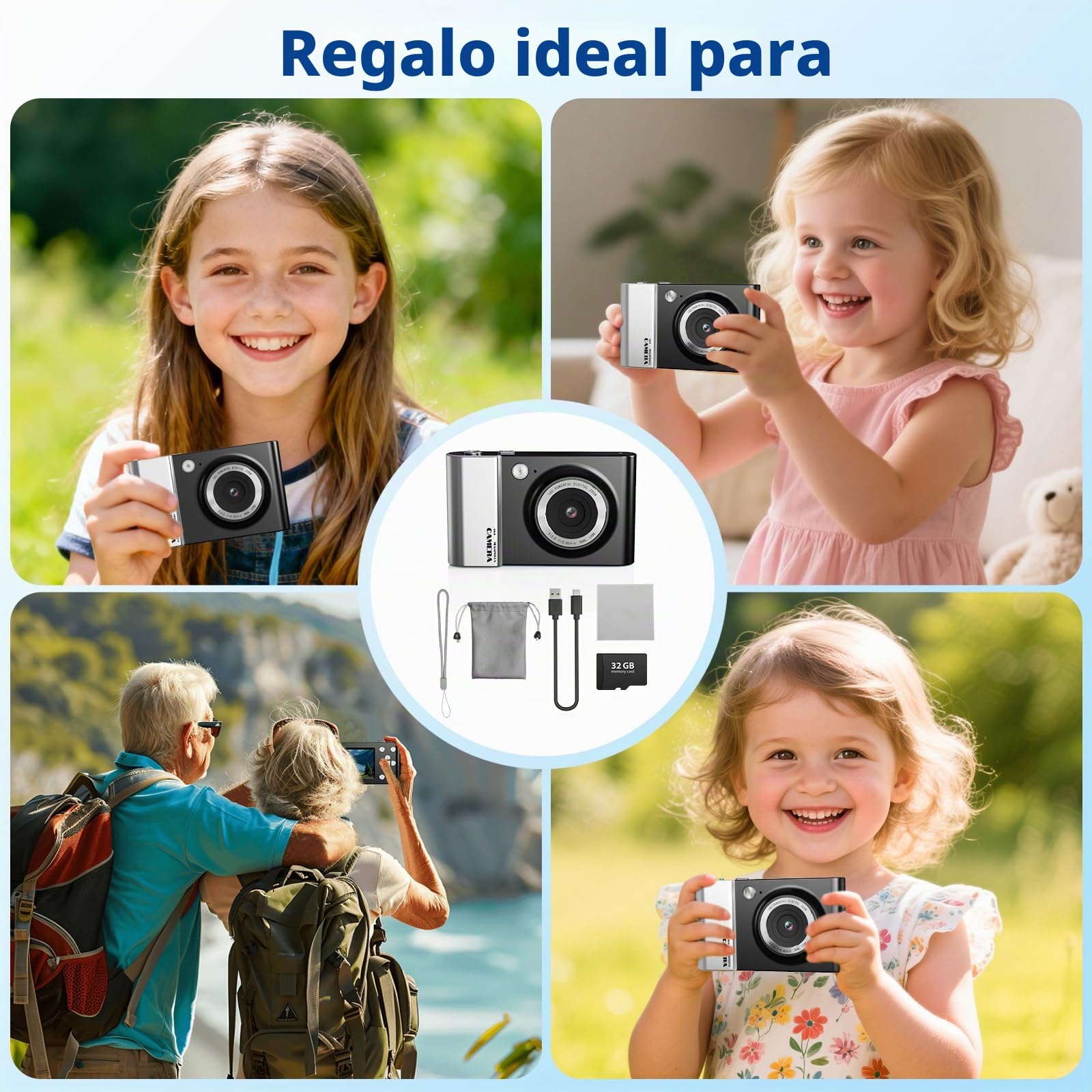Cámara digital 4K 64MP FHD cámara fotográfica para niños, zoom digital de 18 x cámara compacta con pantalla de 2,4 pulgadas, antivibración, flash LED, tarjeta SD de 32 GB, cámara de fotos para niños