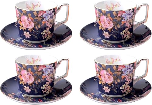 Gracie China Hydrangea - Tazas de porcelana para técafé con platillos, juego de 4 unidades (azul y rosa)