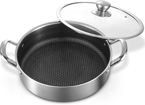 Sartén de Acero Inoxidable de 7QT para Saltear de 14 Pulgadas con Tapa, Sartén Profunda Antiadherente, Sartén de Cocina de Inducción Híbrida,