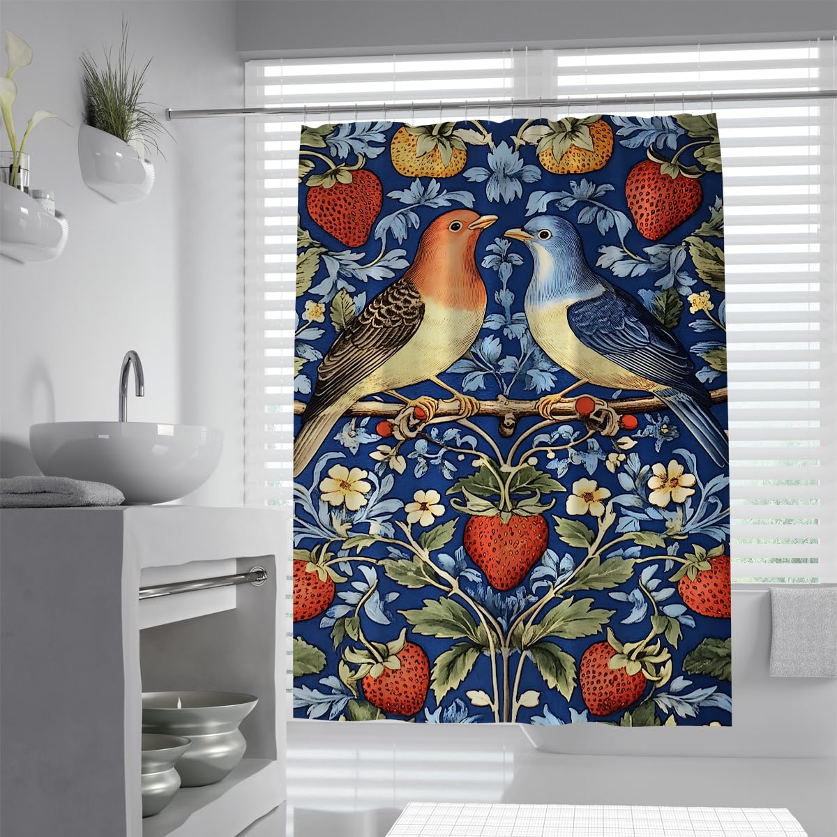 Niebieski zestaw zasłon prysznicowych z haczykami zasłony łazienkowe wodoodporny poliester zmywalny truskawkowy złodziej kwiat do wanny łazienkowej 180 x 200 cm