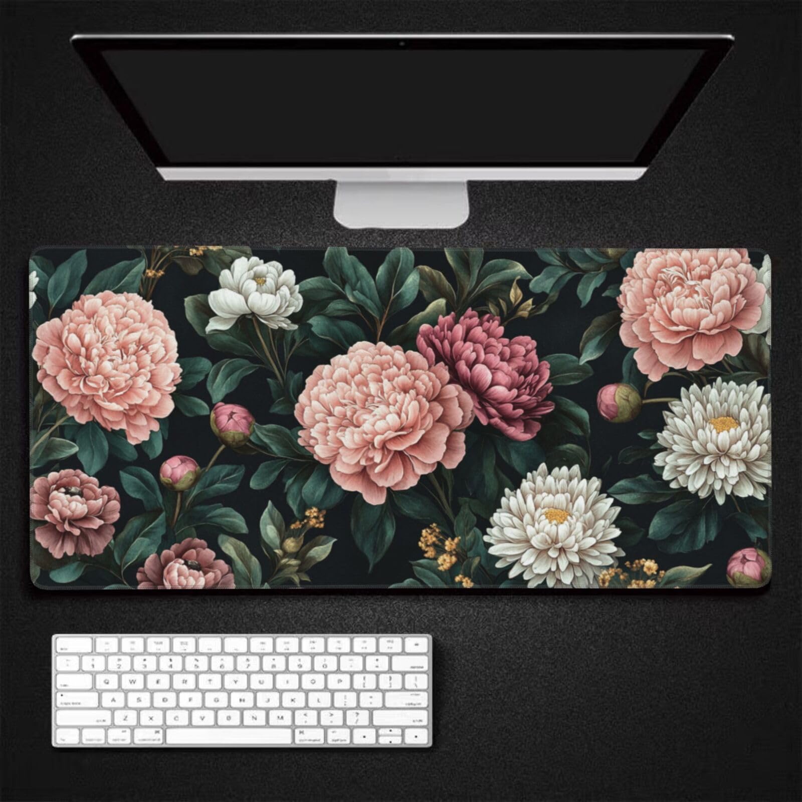 Tappetino Mouse XXL Fiori & Peonia, 100 x 50 cm Tappetino da Scrivania G435 | Tappetino per Mouse, Base in Gomma Antiscivolo, Superficie Impermeabile, Bordi Cuciti, Tappetino Scrivania per Ufficio, Gioco