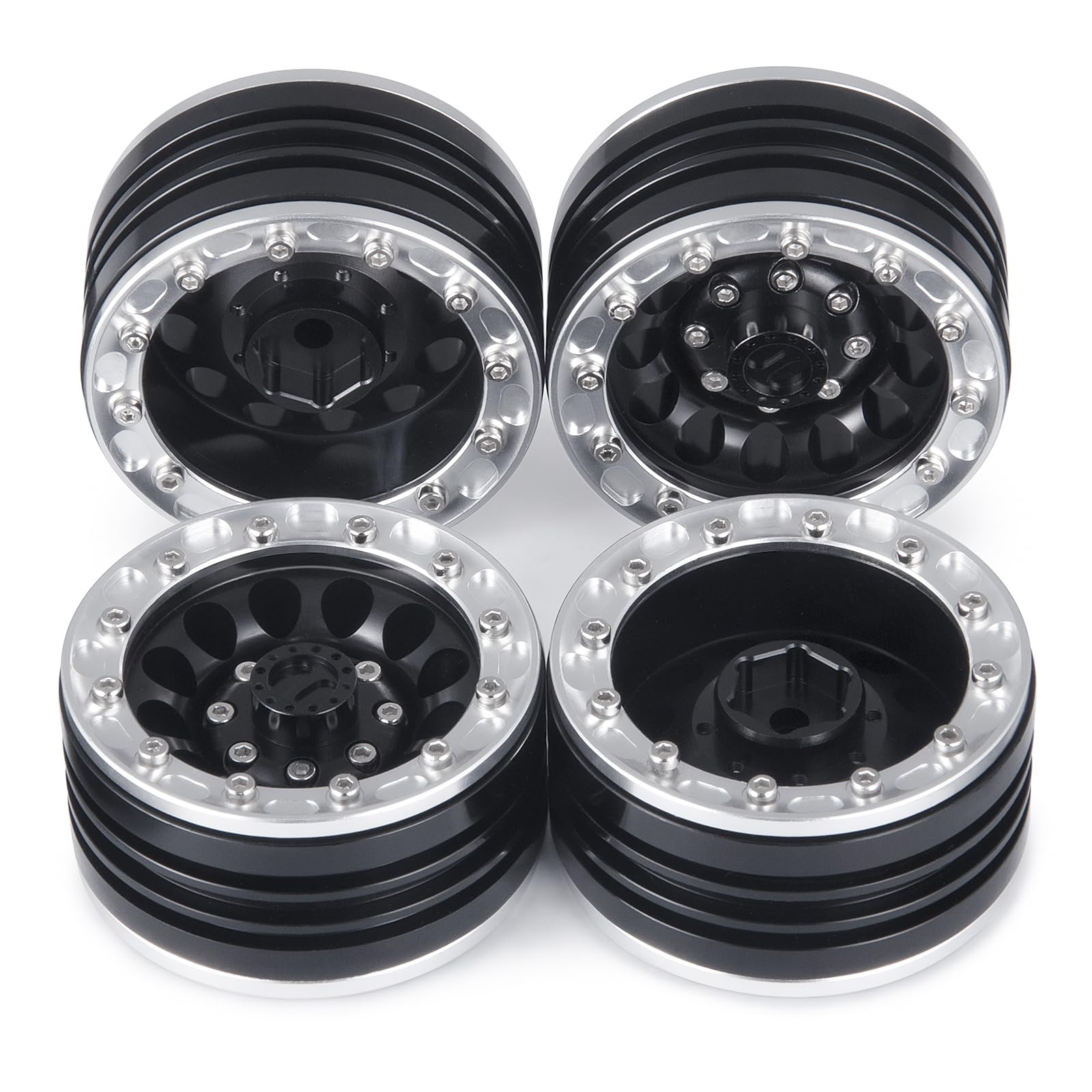 QUE-T 1.9inches Beadlocks 1/10 RC Wheel Rims, 4pcs Metal Wheel Hubs for Axial Scx10 Scx10-II 90046 Scx10-III TRX4 D90 VS4-10 RC Car (Black & Silver)
