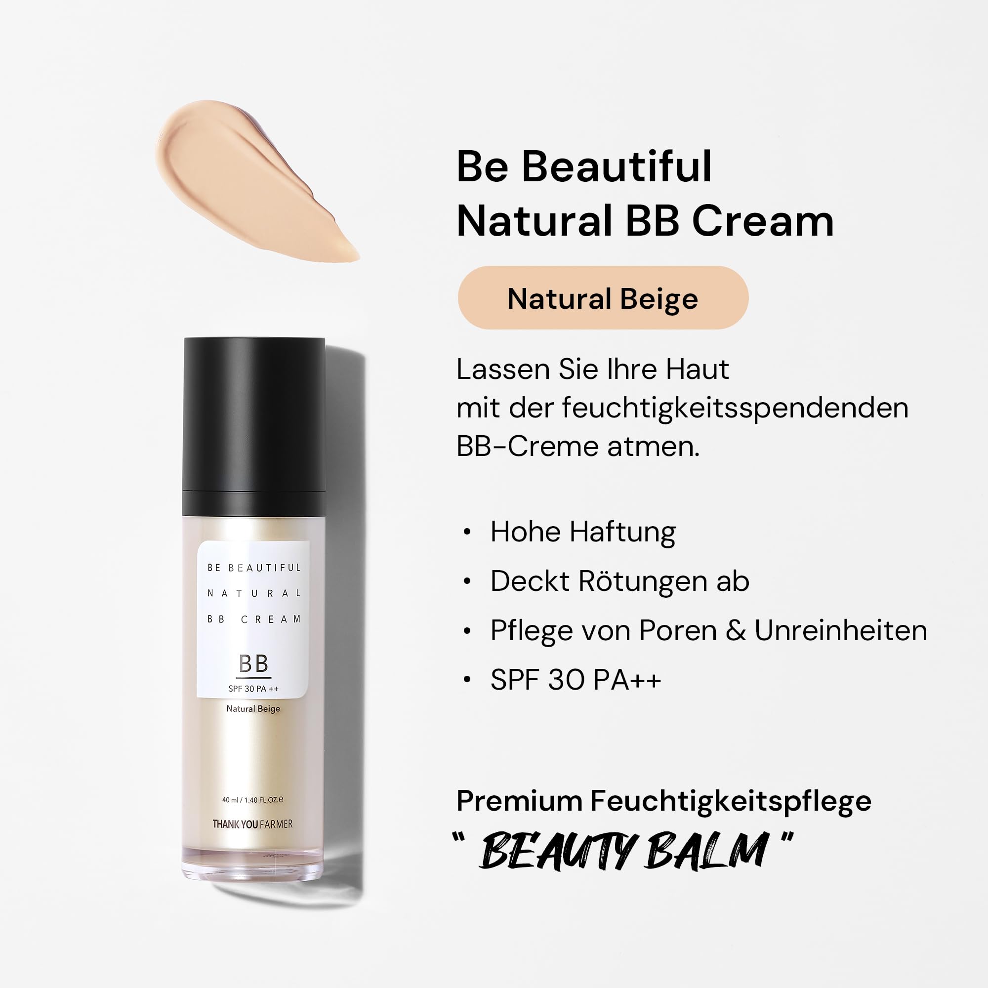 THANKYOU FARMER Be Beautiful Natural BB Cream SPF30+ PA++ 40ml - BB Cream Korean Make Up, K Beauty BB Creme, Dermatologist Tested, Lightweight Formula, Getönte Tagescreme, BB Creme