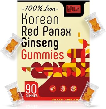 Sapotax Korean Red Panax Ginseng Supplement Gummies - Iron Supplements for Women & Men - Iron Gummies with Vitamin C, B6, B12, Potassium & Magnesium, Vegan - 90 Count