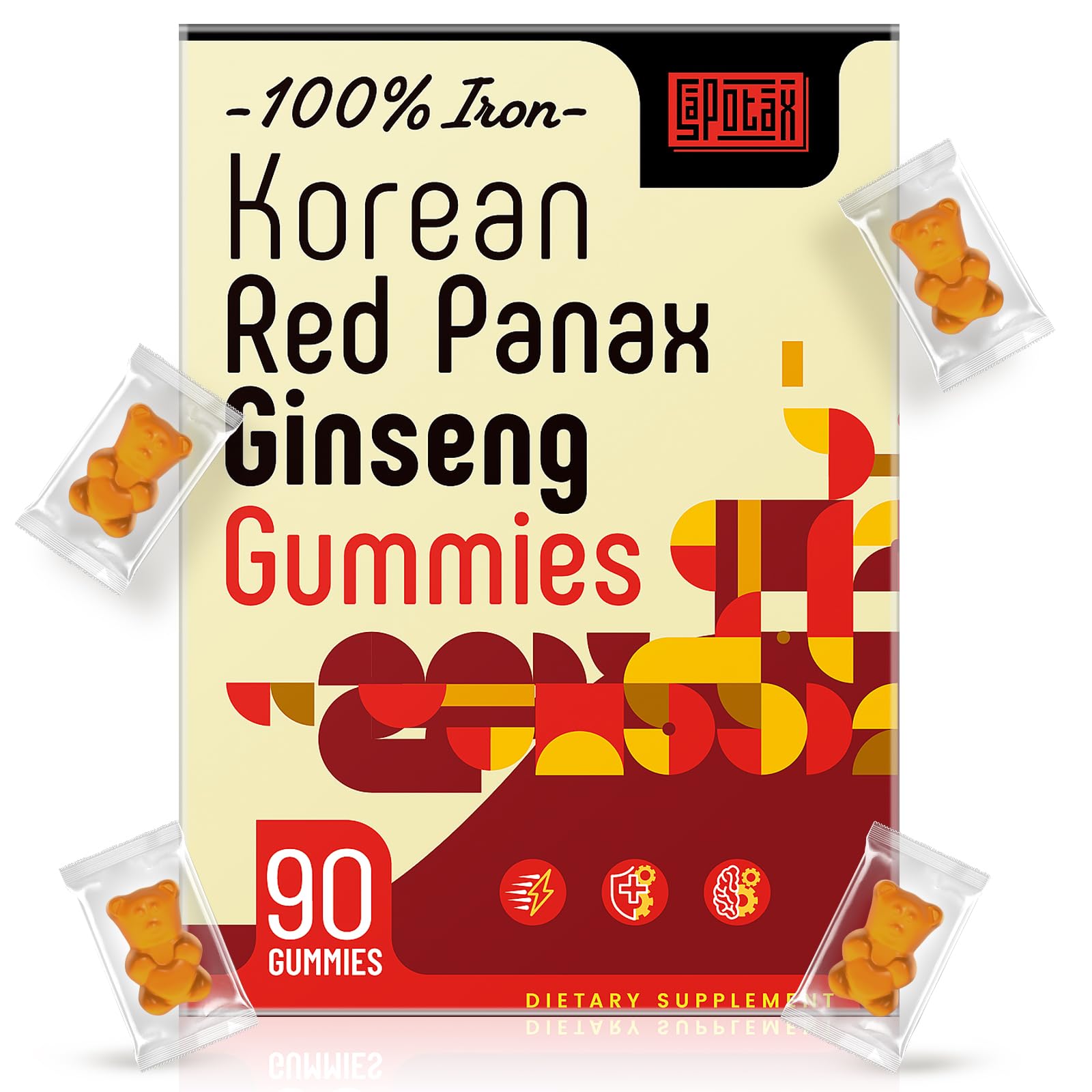 Sapotax Gomas de Ginseng Panax Vermelho Coreano com Ferro, Vitaminas C, B6 e B12, Potássio e Magnésio, 90 gomas