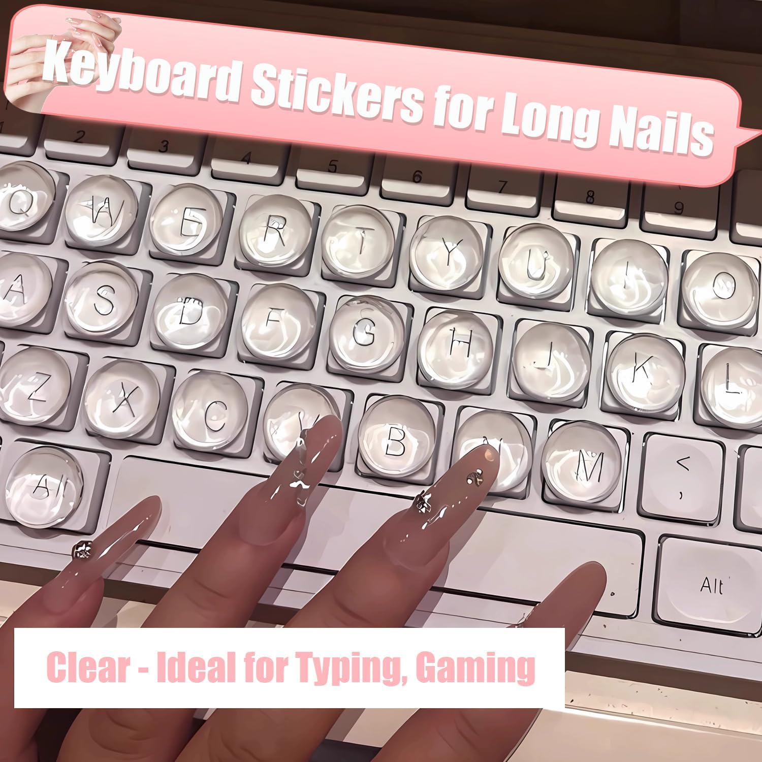 Keyboard Bubbles for Long Nails, 120pcs Raised Keyboard Stickers for Women, Clear Glass Long Nail Keyboard Covers with Tweezers, Jelly Glue, Ideal for Typing, Gaming & Nail Art