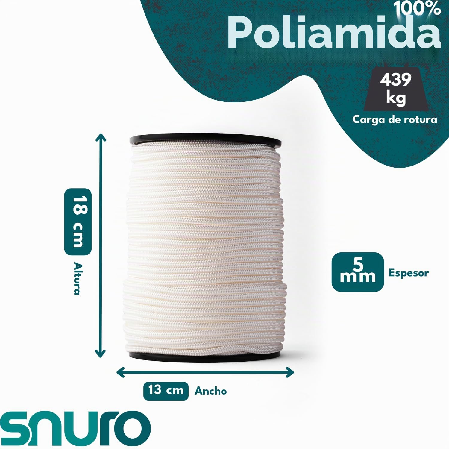 Cuerda de nailon (5 mm, 100 m, color blanco) – Cuerda paracord con material de nailon fuerte – resistente al desgarro y ligera
