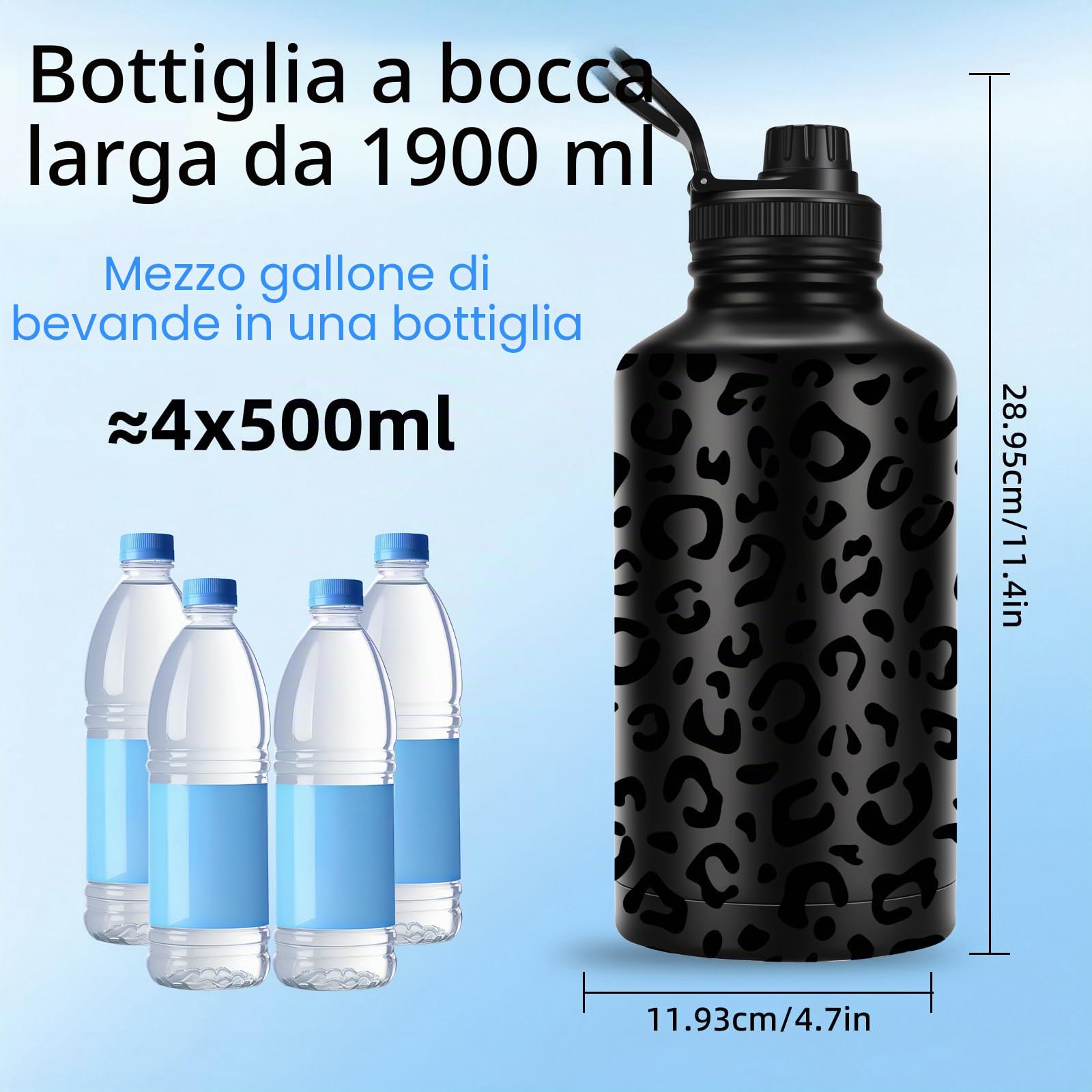 FOLAI Borraccia in acciaio inox a prova di perdite da 2L con cannuccia, grande borraccia per fitness e palestra, senza BPA, per bevande gassate, lavabile in lavastoviglie (motivo leopardato)