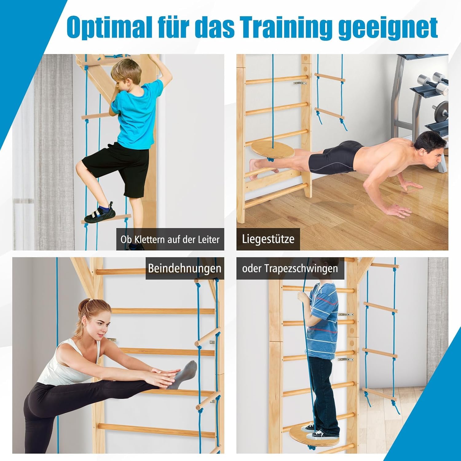 FANTASK Kletterwand Turnwand Holz, Indoor Outdoor Sprossenwand Klettergerüst, Gym Sportgerät, Tragfähigkeit von 100 kg, Natur