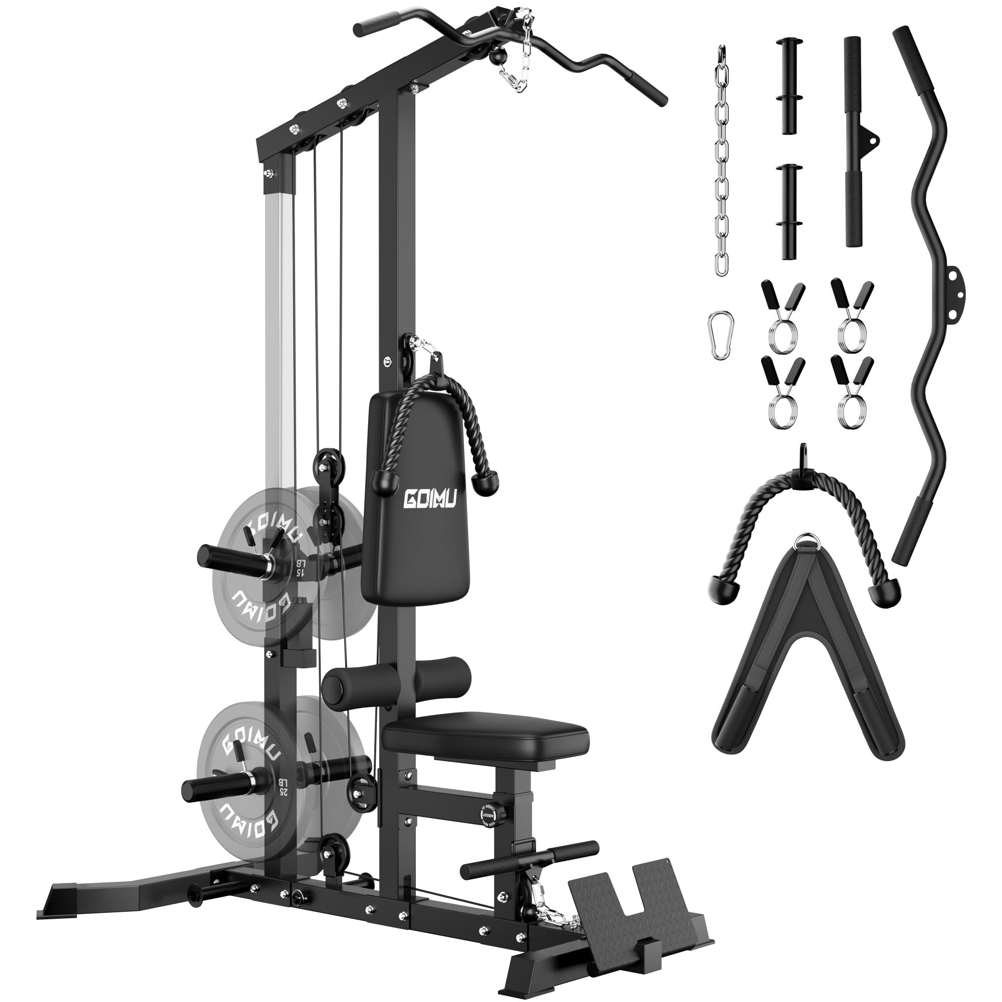 GOIMU LS01 LAT Pulldown Machine, LAT Row Cable Machine with AB Crunch, LAT Tower with Cable Row Attachment, 3 in 1 Pulley Stations for Home Gym(Black)