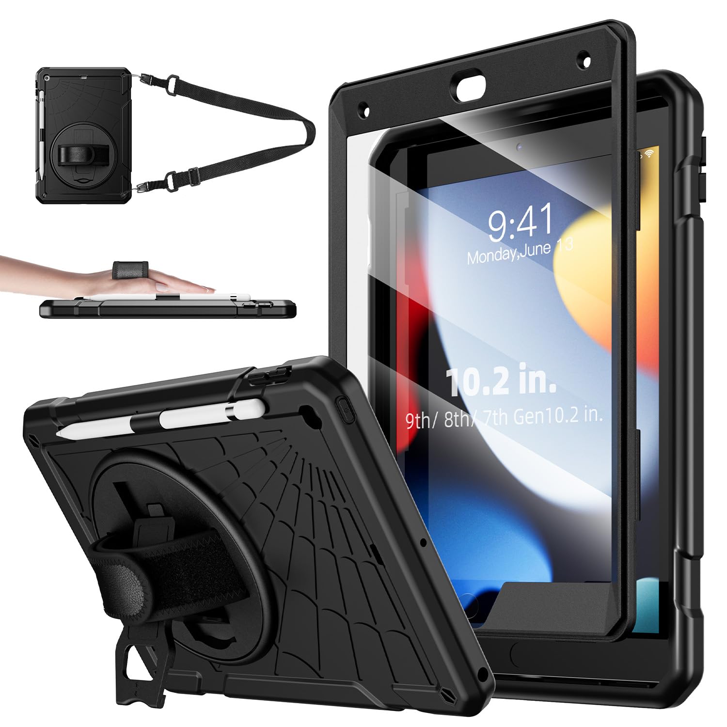 Stweap for iPad 9th Generation 2021/ iPad 8th Generation 2020/ iPad 7th Generation 2019 Case, with Screen Protector, Pencil Holder [360° Rotating Hand