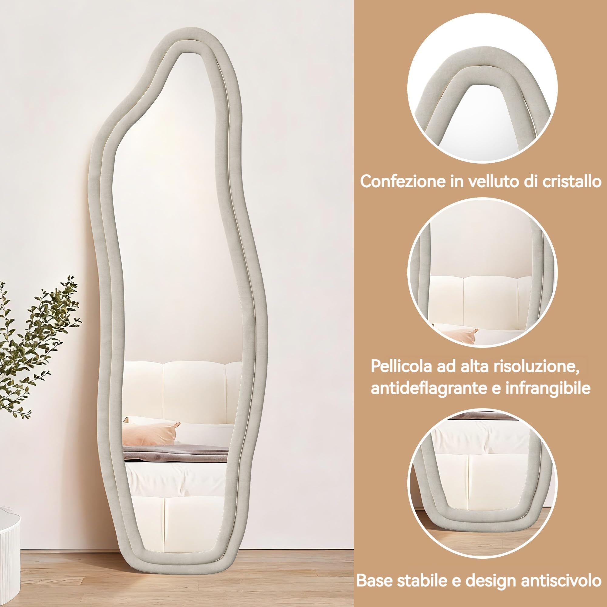 Specchio intero 160 x 50 cm, asimmetrico curvo, con cornice in tessuto di velluto, grande specchio da parete per soggiorno, camera da letto, sospeso/in piedi (bianco A, 160 x 50)