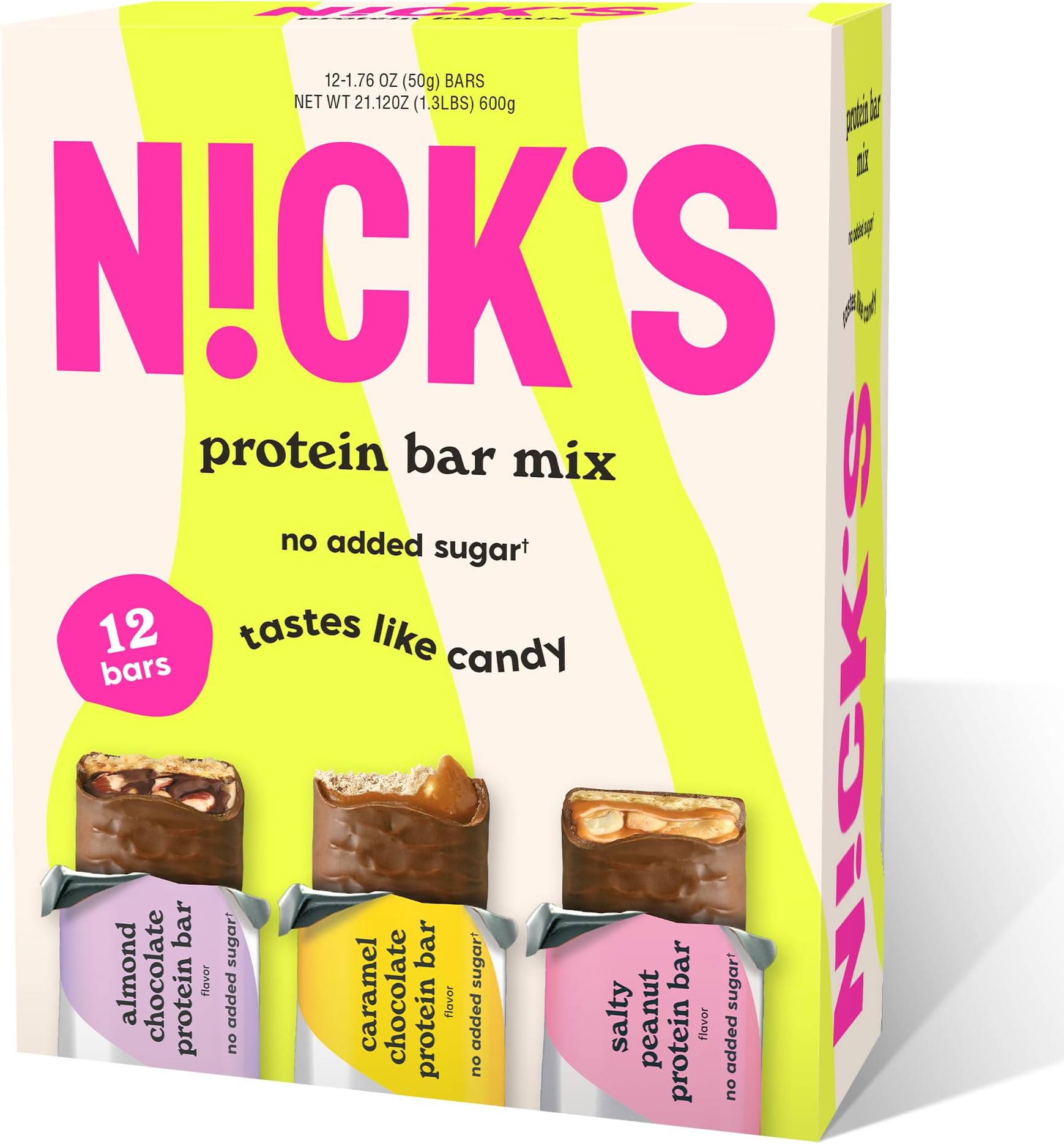 Nick's Protein Bars Variety Pack, Protein-Packed Snack, Low Calories, Low Carb Keto Friendly Snacks No Added Sugar, Salty Peanut, Chocolate Caramel and Almond Chocolate (12 Pack)