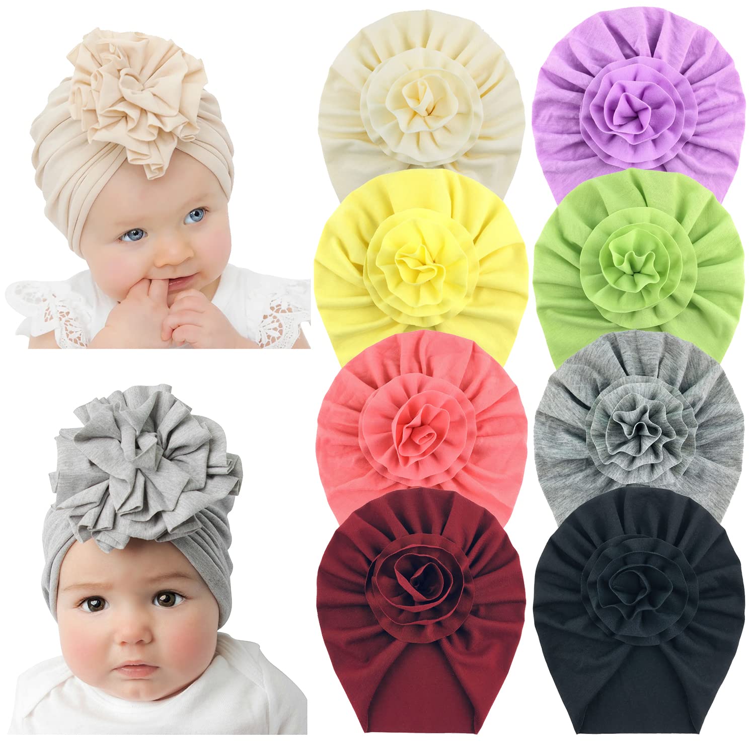 8 Pack Solid Nursery Hospital Turban Hat Cap Beanie Bonnet with Big Flower for Baby Girls Toddlers Newborns Infants
