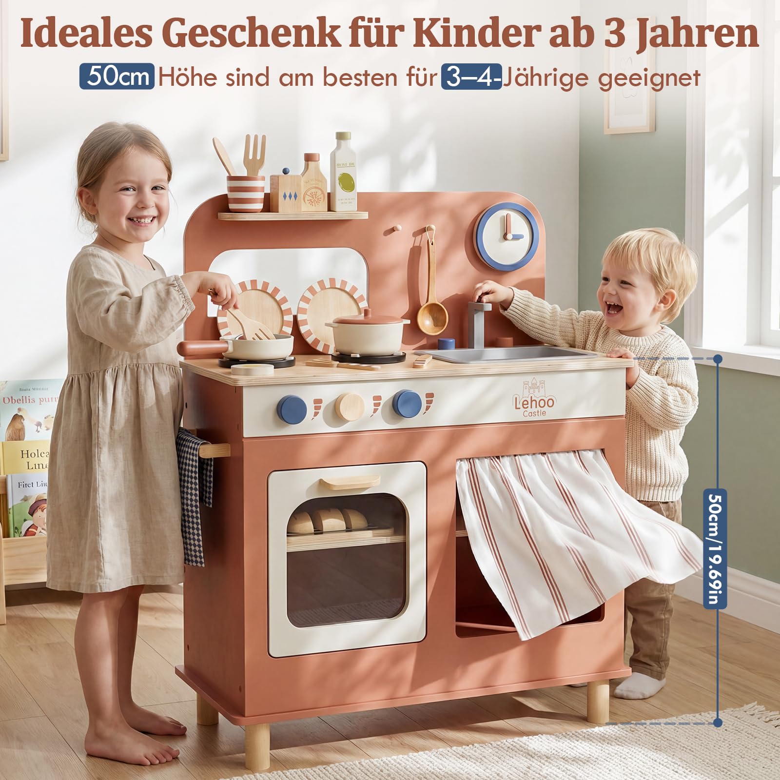 Lehoo Castle Kinderküche Holz, Spielküche mit Spielzeugtöpfen und -Pfannen, Kinder Küche mit Kochset, Puppenküche, Spielzeug ab 3 Jahre Mädchen Jungen