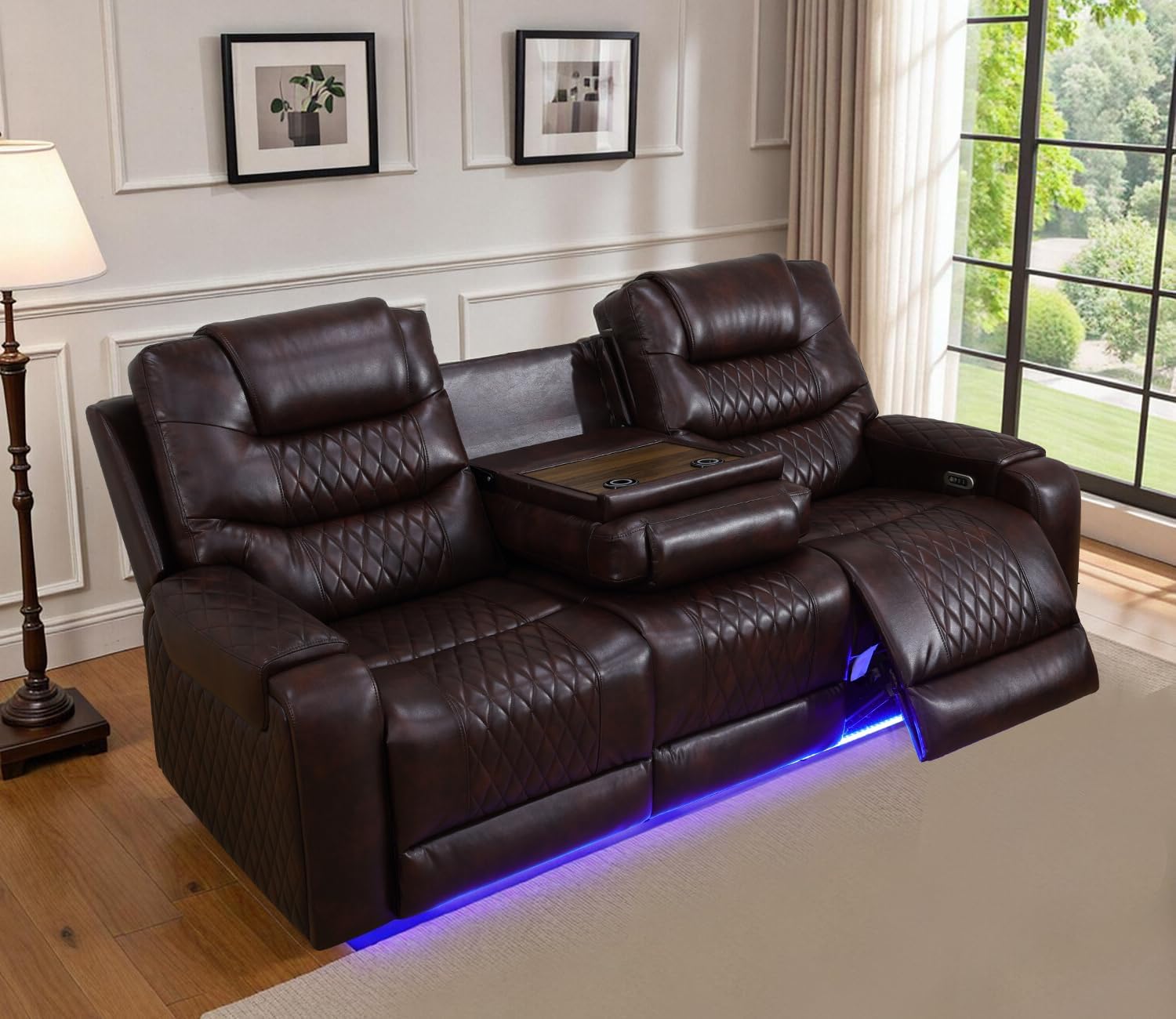Power Recliner Sofa Set with LED Lights,3-Seater Leather Recliner Sofa with Charge Port/Drop-Down Table for Living Room/Office/Home Theater(Sofa 1PC,Dark Brown)