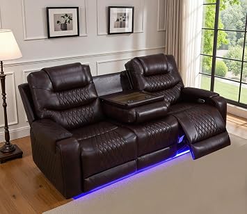 Power Recliner Sofa Set with LED Lights,3-Seater Leather Recliner Sofa with Charge Port/Drop-Down Table for Living Room/Office/Home TheaterSofa 1PC,Dark Brown