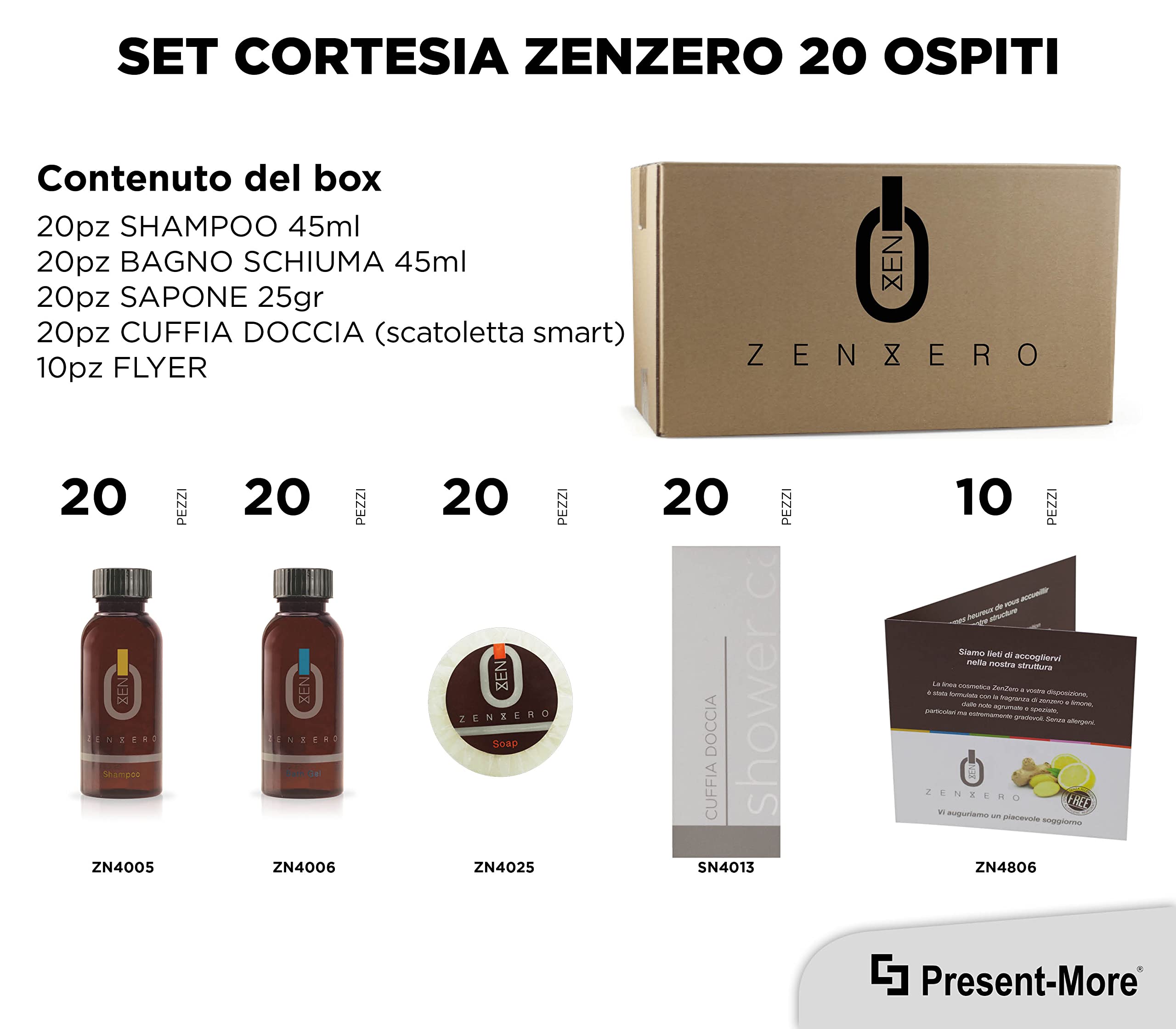 Present-More Amenities Kit Zenzero - Toilettenartikel 20 Gäste für Hotels und B&B | Allergenfreie Amenities Kit mit Duftnote Ingwer und Zitrone