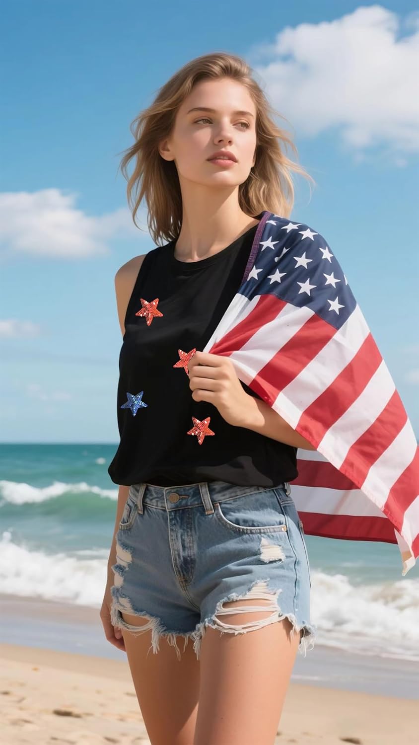 Women's Patriotic Sequin Star Tank Top American Flag Sleeveless Shirt 4th of July Summer Casual Tops - Image 4