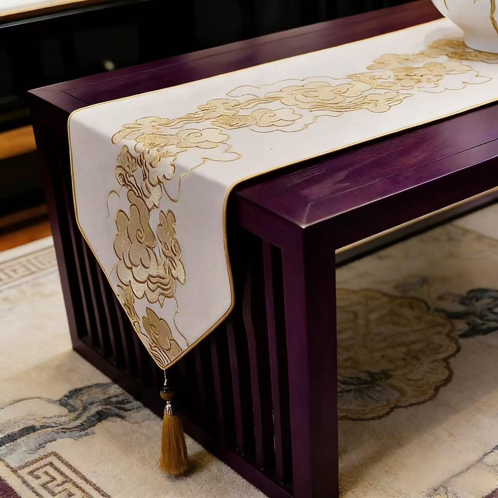 Camino de mesa decorativo de poliéster de 160 cm de largo, diseño moderno de nubes con borlas, mantel para fiestas de té y uso diario, beige, 33 x 160 cm