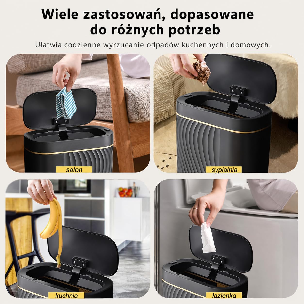 Automatyczny kosz na śmieci 8L z czujnikiem – Elektryczny pojemnik na odpady z pokrywą, hermetyczny i bezdotykowy – Kompaktowy do łazienki, kuchni, WC i biura – Cichy – Czarny