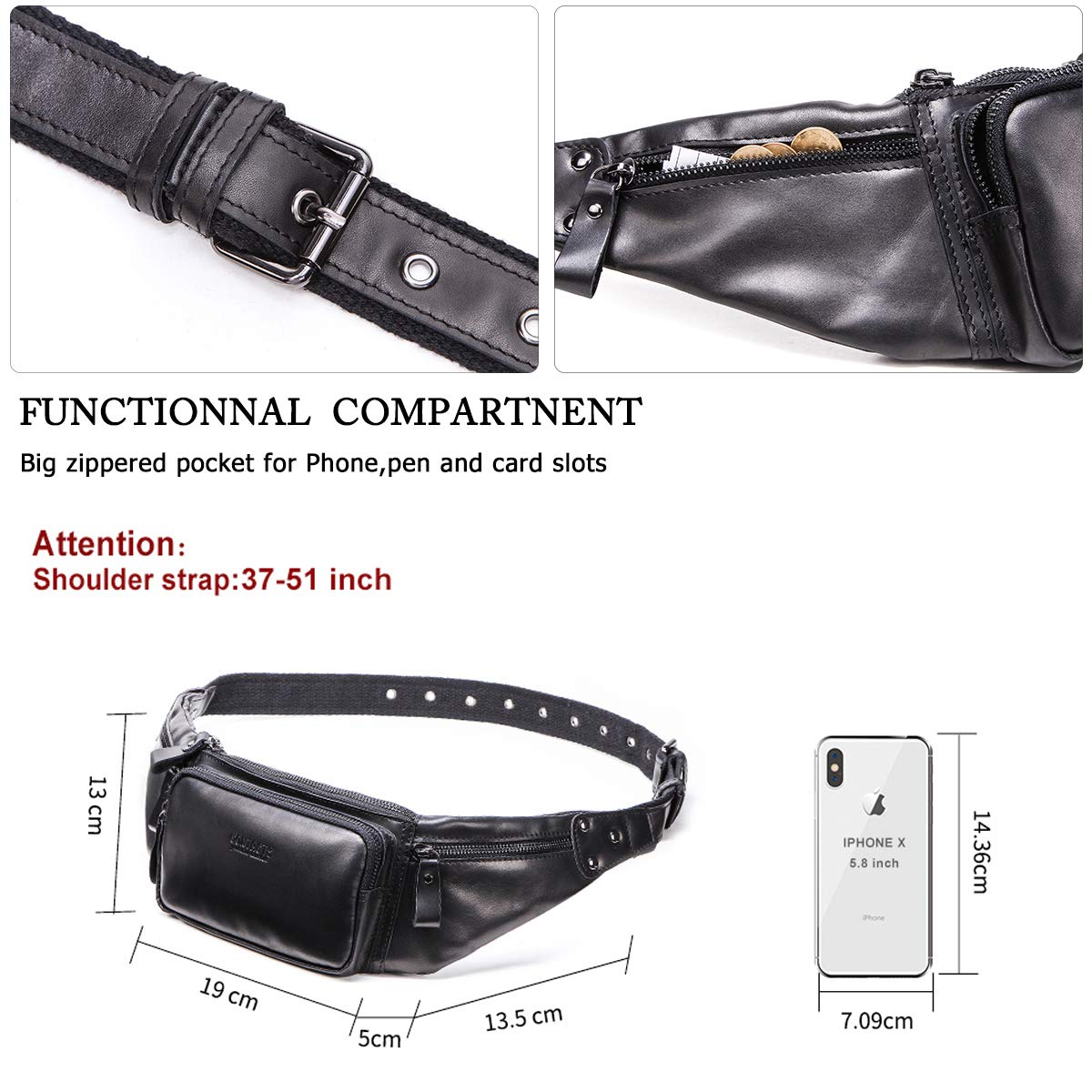 Contacts Riñonera cruzada de piel auténtica para teléfono, Black, Talla única, Correa de tobillo