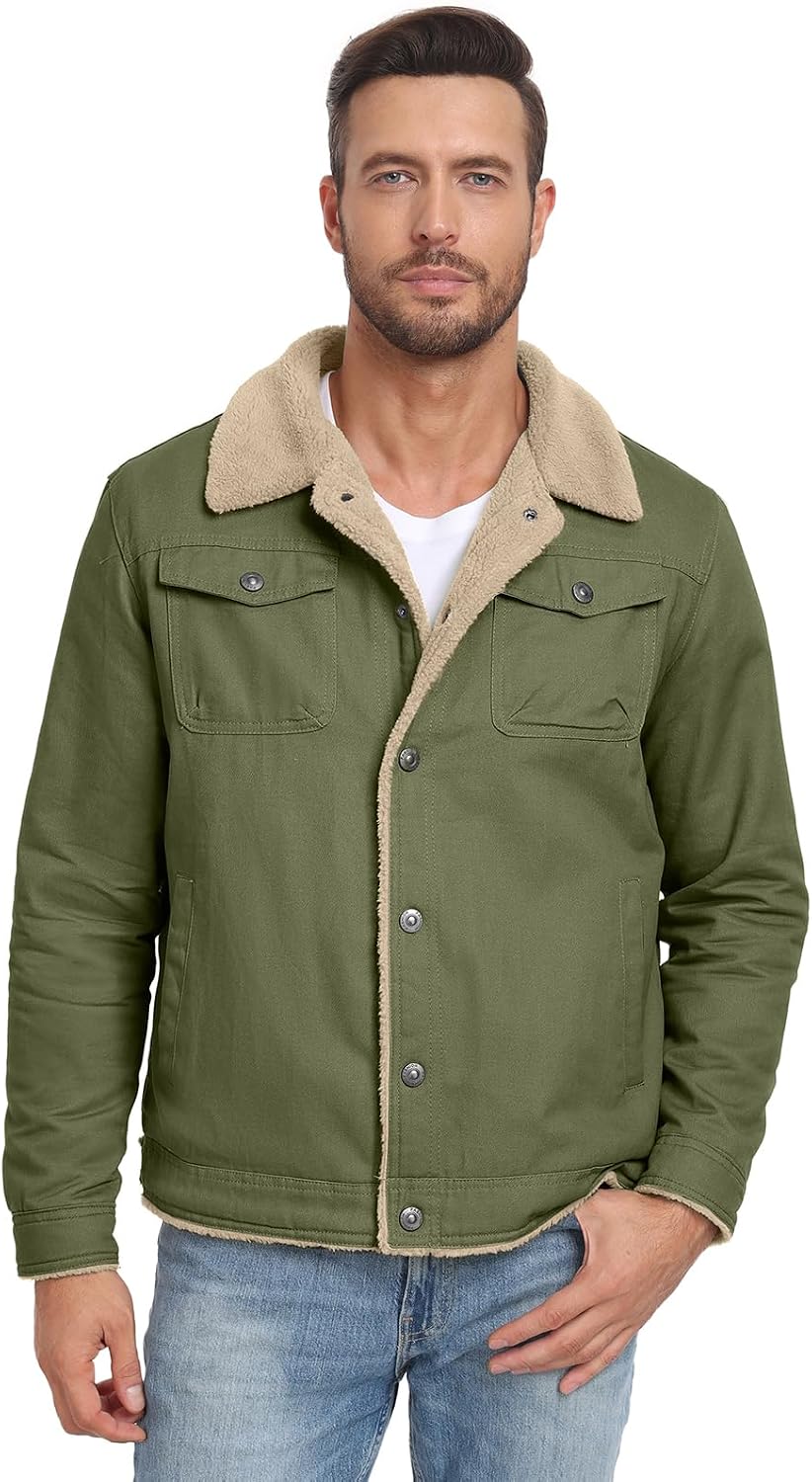 PEGENO Men's Cotton Cargo Jackets Winter Sherpa Lined Fleece Jackets Trucker Jacket