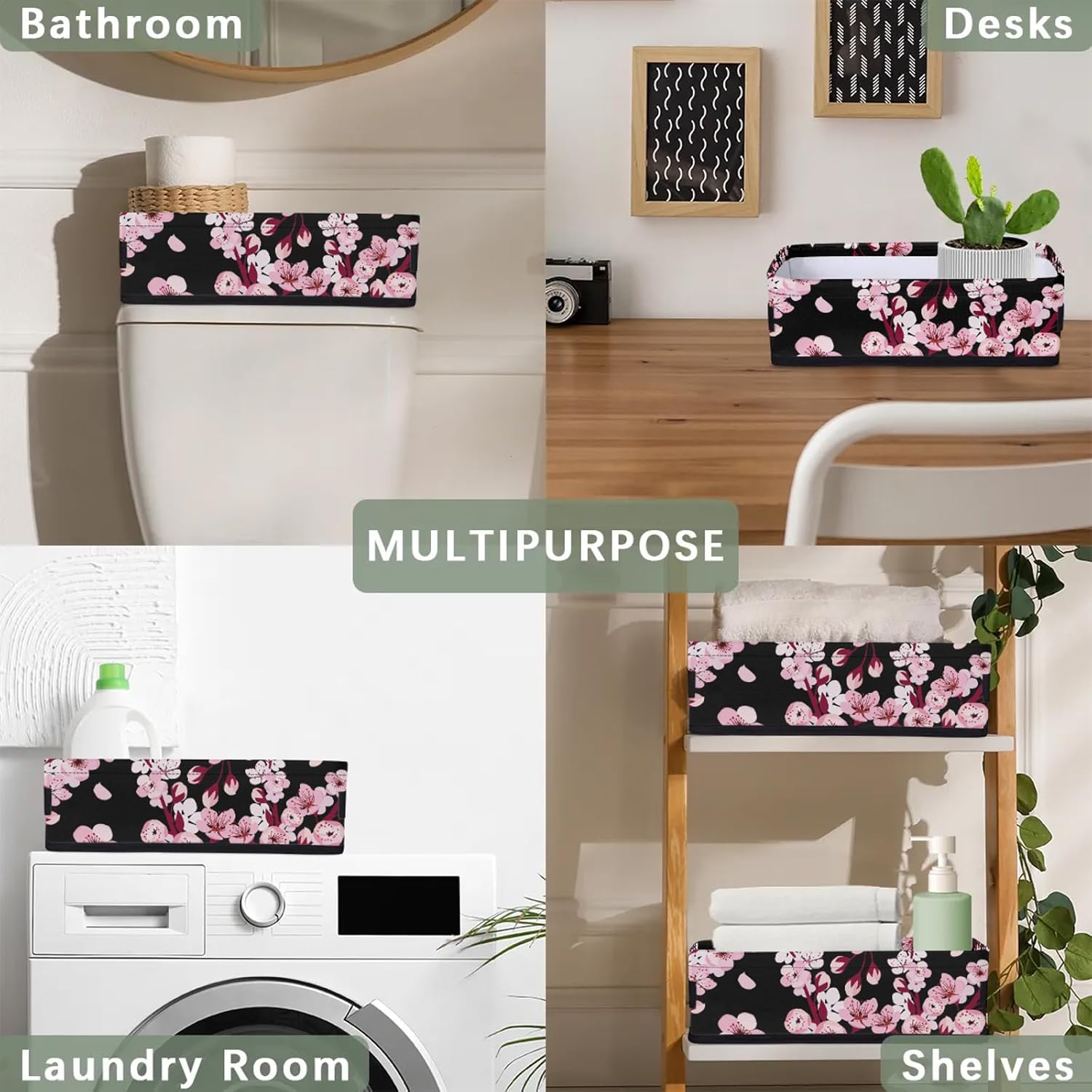 Collapsible Toilet Basket for Bathroom – Foldable Storage Organizer with Handles, 14.3x7.1x4.4in Portable Hamper for Laundry, Closet & RV (Printing & Washable)