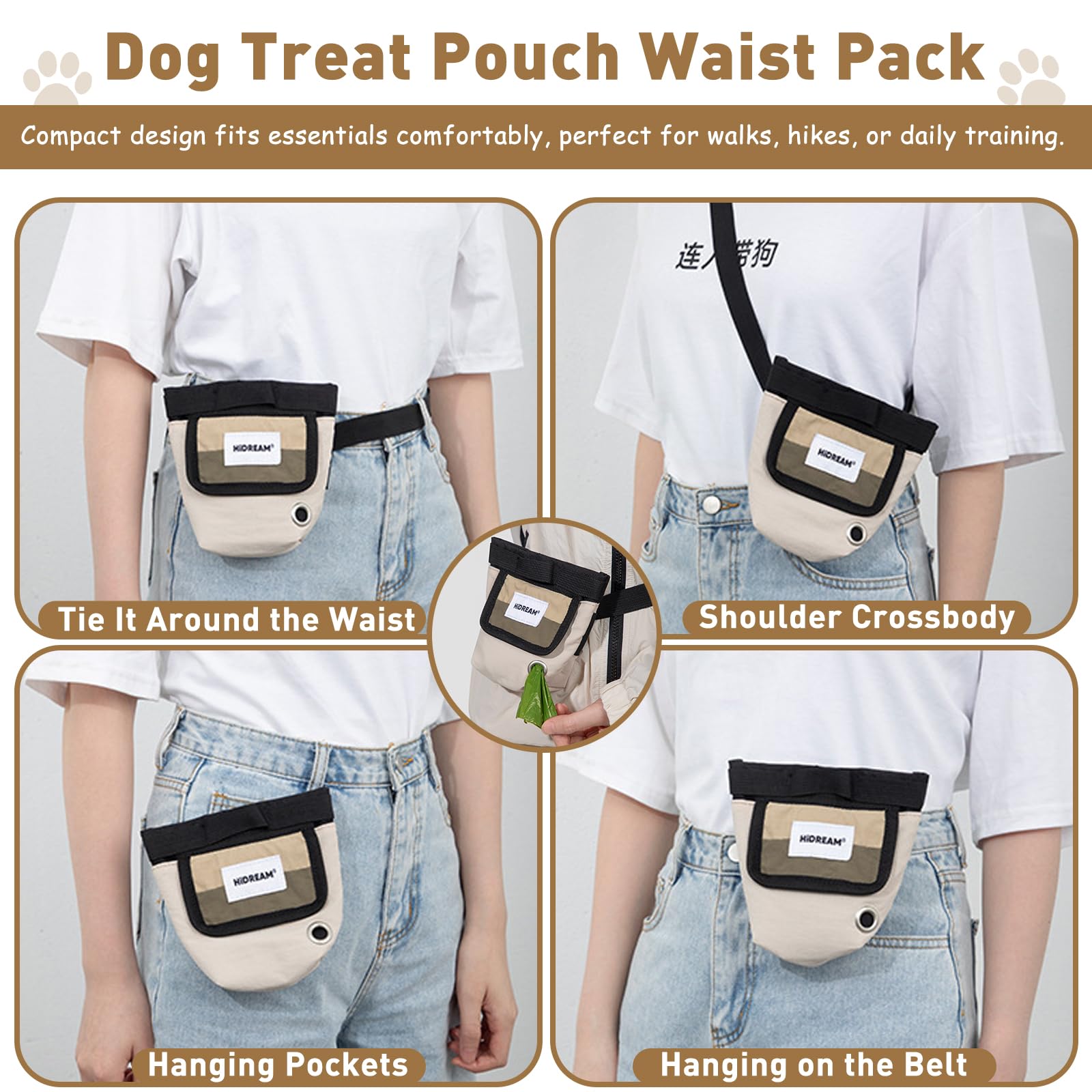 ETIAL Dog Treat Pouch Waist Pack - Magnetic Closure, 3-Way Wearable, Water-Resistant Nylon, Pet Poop Bag Dispenser for Training, Walking, Hiking (Gray) - image 3
