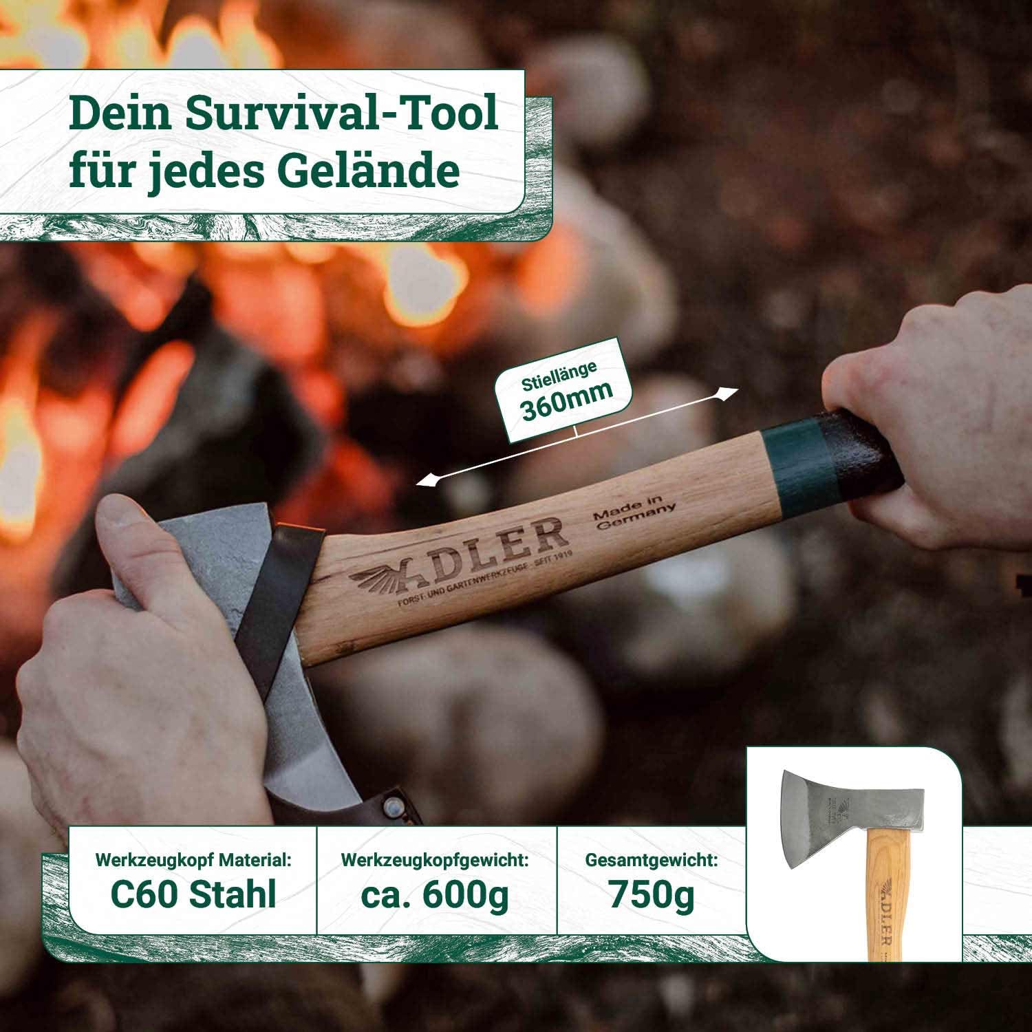 ADLER Beil 600 g, Holzaxt mit 36cm langem ergonomischem Hickory-Stiel, Rutschfester Griff, C60 Stahl Carbon Klinge inklusive Lederschutz/Camping/Forst Garten & Wald/rot, schwarz (Rot/Schwarz) | Geschmiedeter Kopf mit doppelter Sicherheitsverkeilung und Le