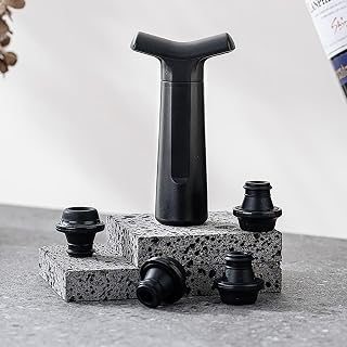 Wine Saver Vacuum Pump with 4 Reusable Stoppers, Wine Preserver and Bottle Sealer, Keeps Wine Fresh Longer, Perfect Wine Accessories Gift for Wine Lovers (Flat Handle)