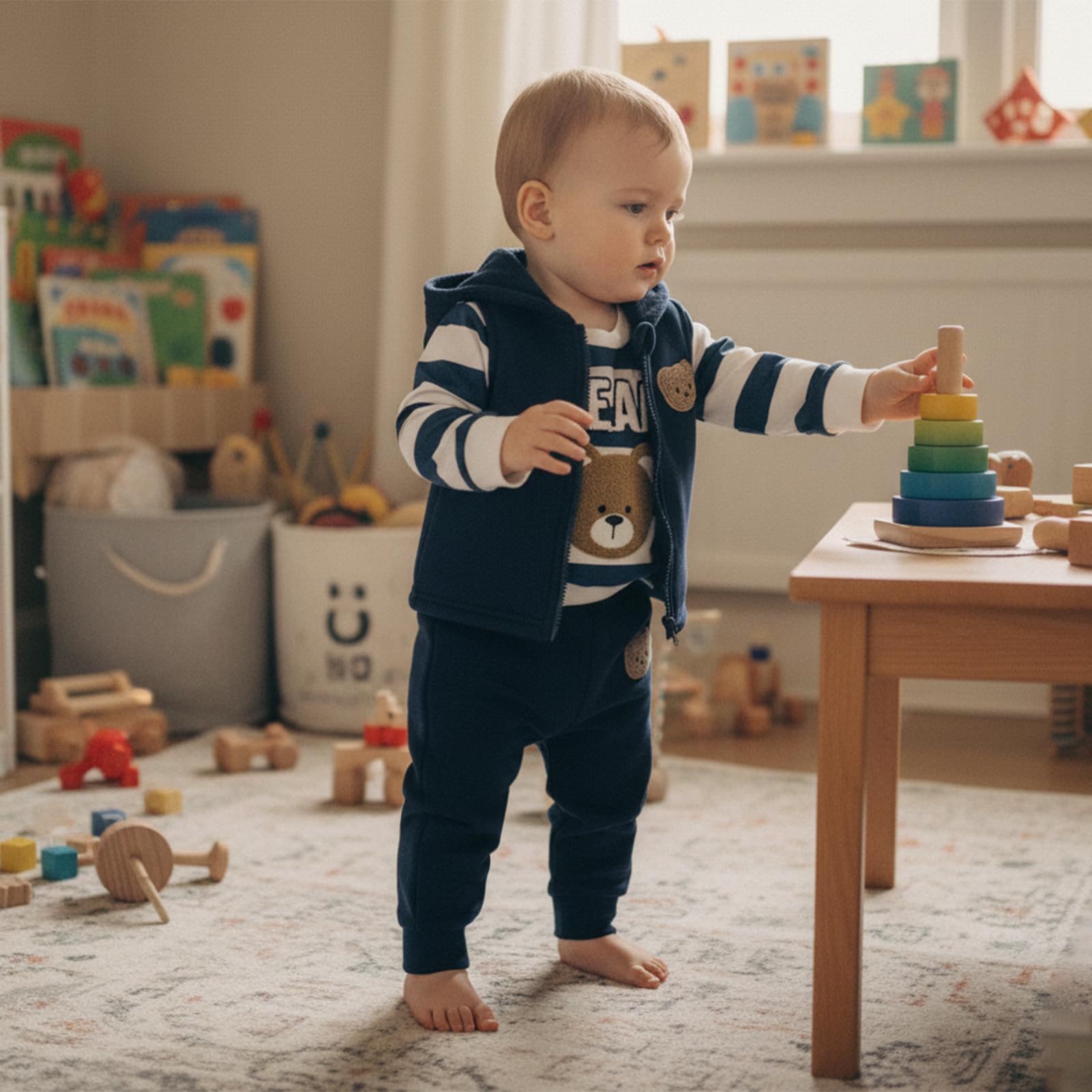 Carolilly Ensemble 3 pièces pour bébé garçon avec veste à capuche + t-shirt rayé ours + pantalon - Vêtements d'hiver pour enfants (6 mois à 3 ans)