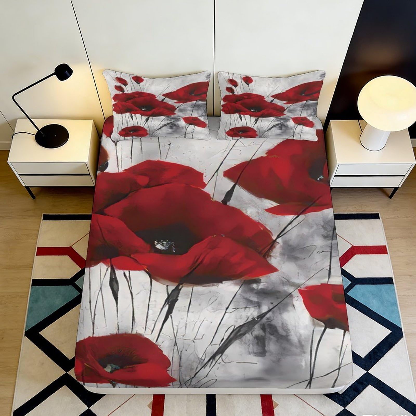 3D Printed Red Poppy Fitted Sheet Microfiber Soft Breathable Floral Bed Cover for Bedroom Dormitory Guest Room Mattress Protection Decor 180x200x25cm