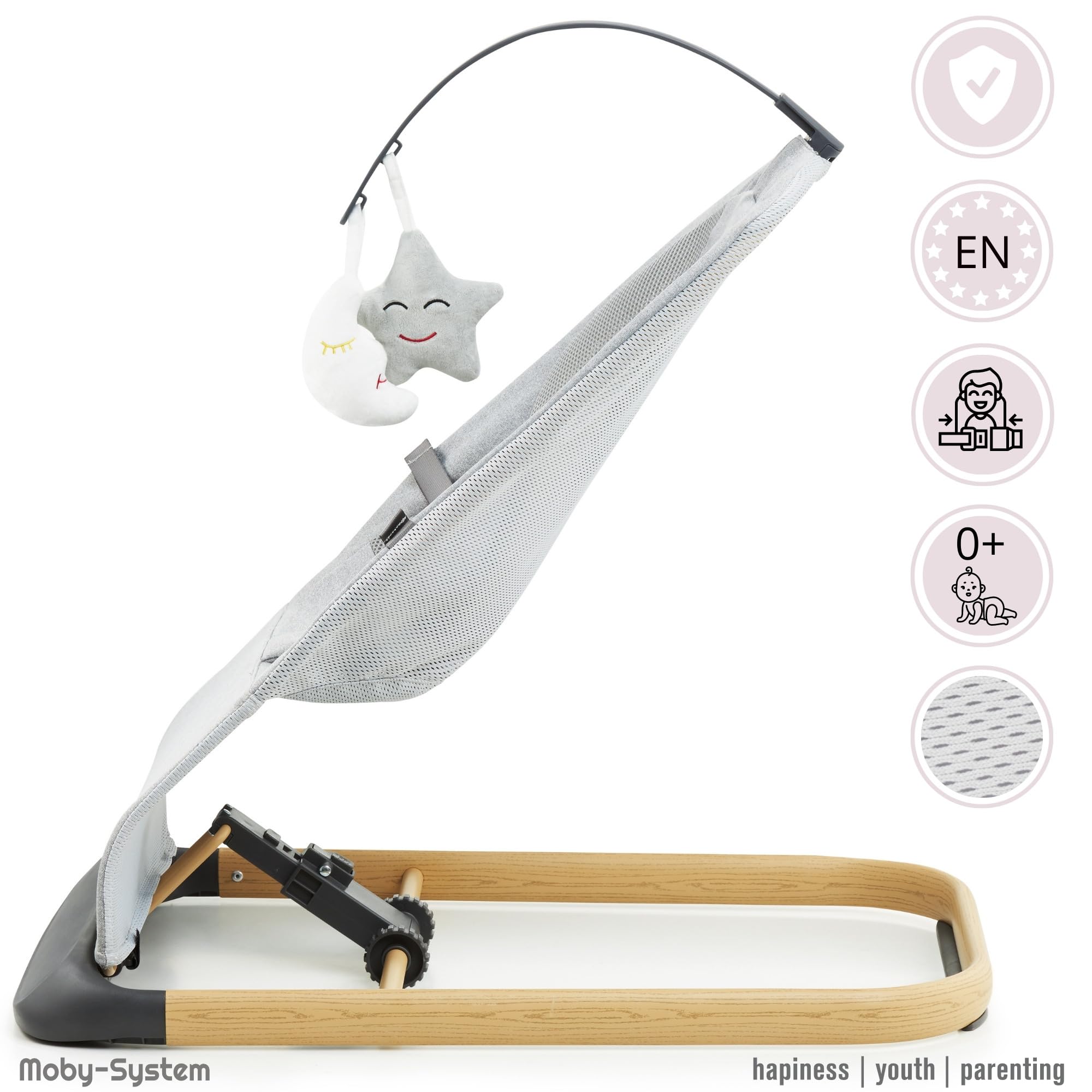 Moby-System Hamaca Bebé LILY 2 en 1 - Hamaquita Mecedora con Cojín Reductor y Arco de Juegos - Reclinable 3 Posiciones, Tejido de Lino Transpirable, hasta 9 kg - Gris