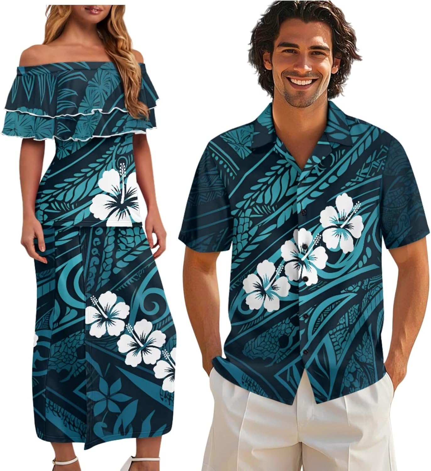 Polynesian Couples Matching Outfits Short Sleeve Puletsai Samoan Traditional Dress & Man Shirts