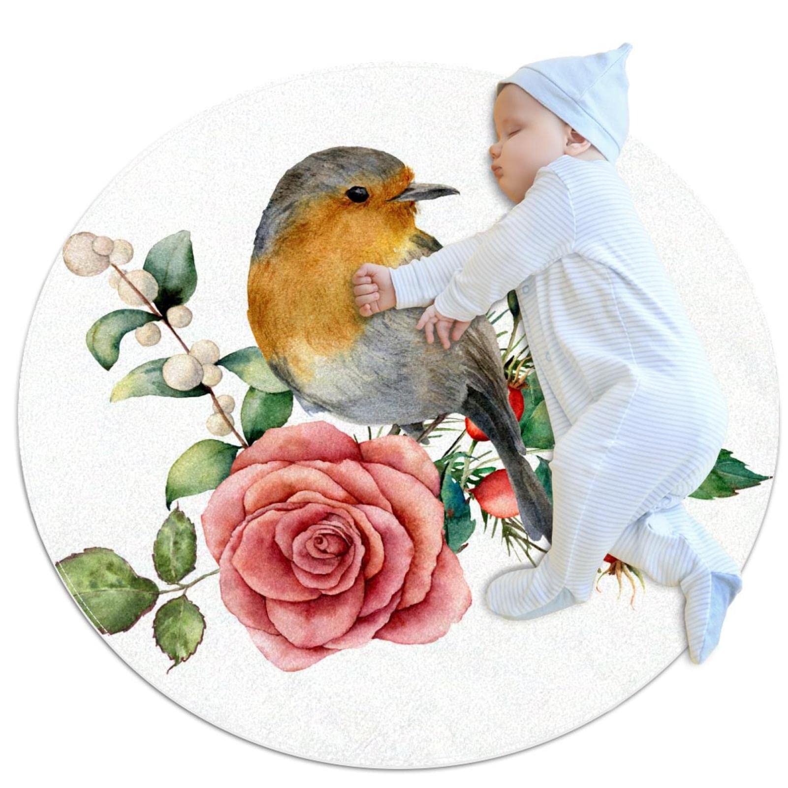 Tapis de jeu pour enfants JDEZ cadeau de naissance rond oiseau fleurs florales 80cm