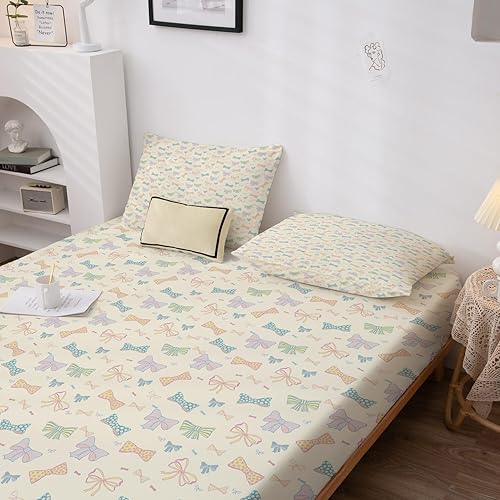 Miniatura 4 de Sábanas de pajarita tamaño King  Sábanas de cama color crema para niños y niñas, juego de sábanas Kawaii con sábana bajera de bolsillo profundo,