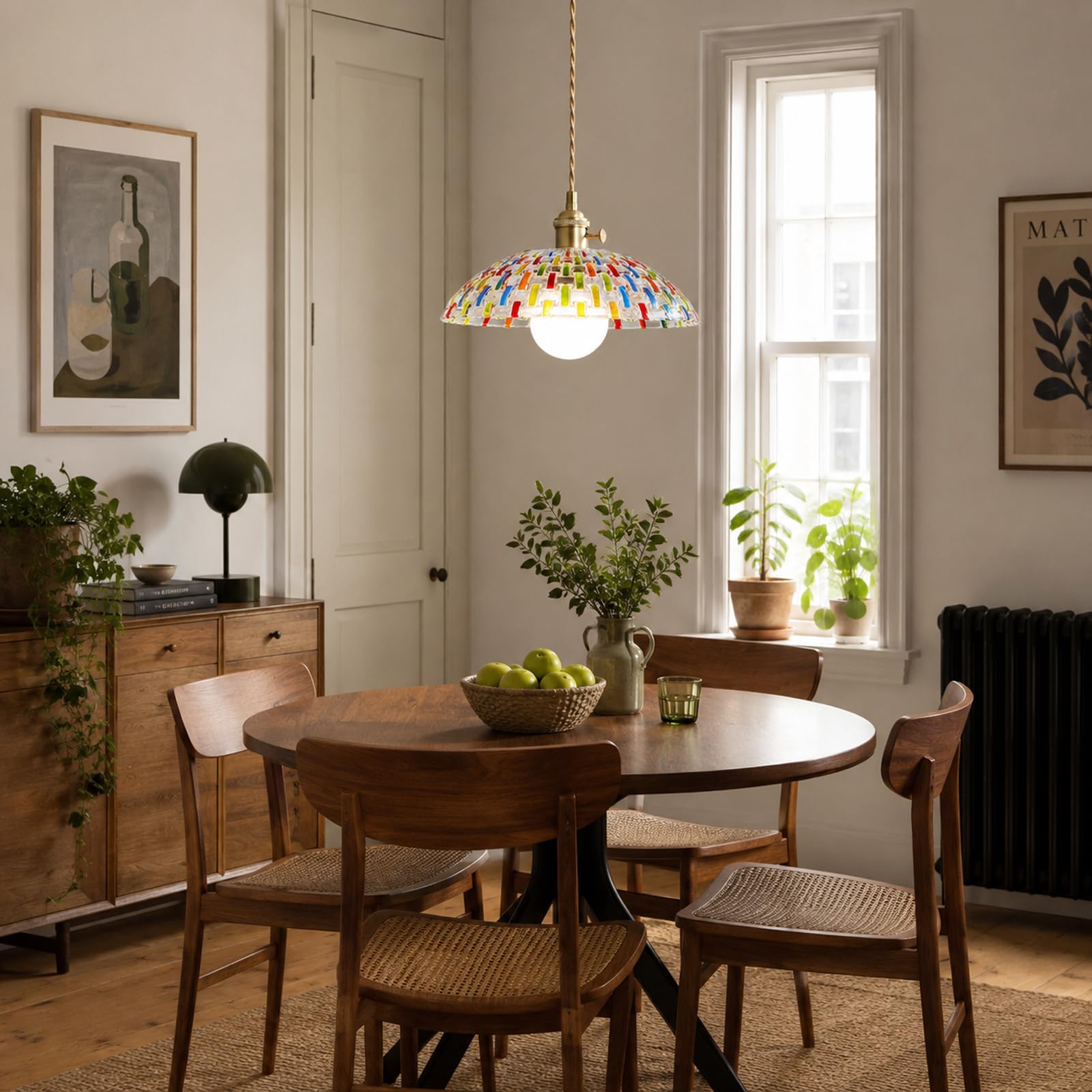 Lampada a Sospensione con Paralume in Vetro Mosaico Dipinto a Mano, Lampadario Sospesa da Soffitto Vintage E27 con Interruttore per Cucina Soggiorno e Sala da Pranzo (30cm)