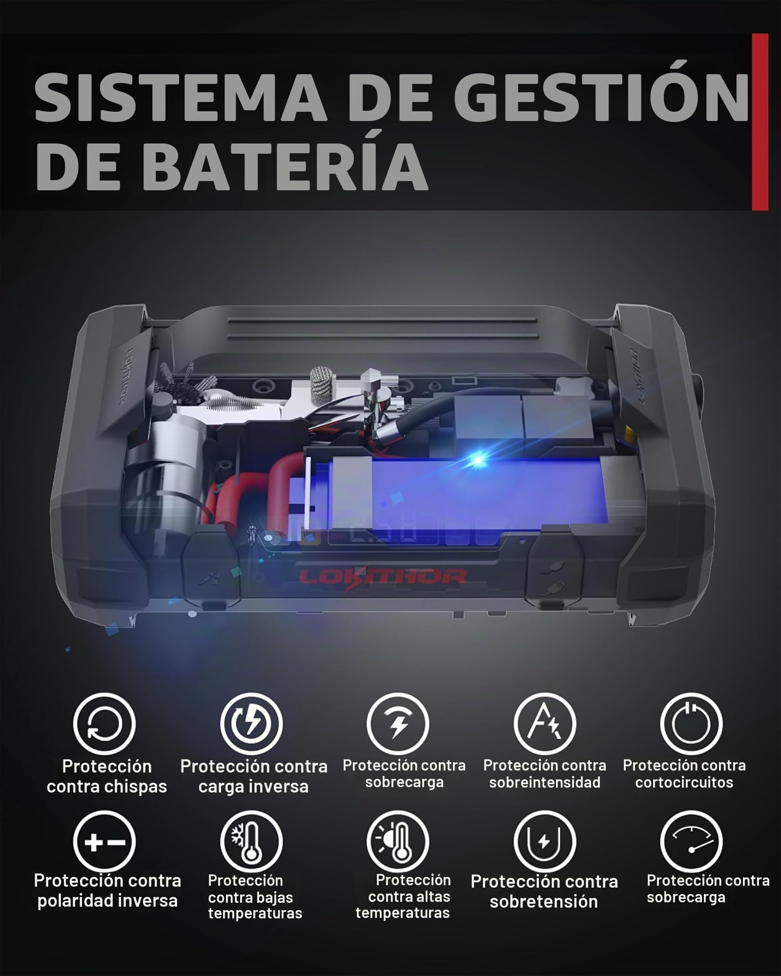 LOKITHOR JA300 Arrancador de Coche 1500A con Compresor 150 PSI | Compresor de Aire de 150 PSI y Pantalla Digital, para Motores de Gasolina 7,0L y Diésel 4,5L