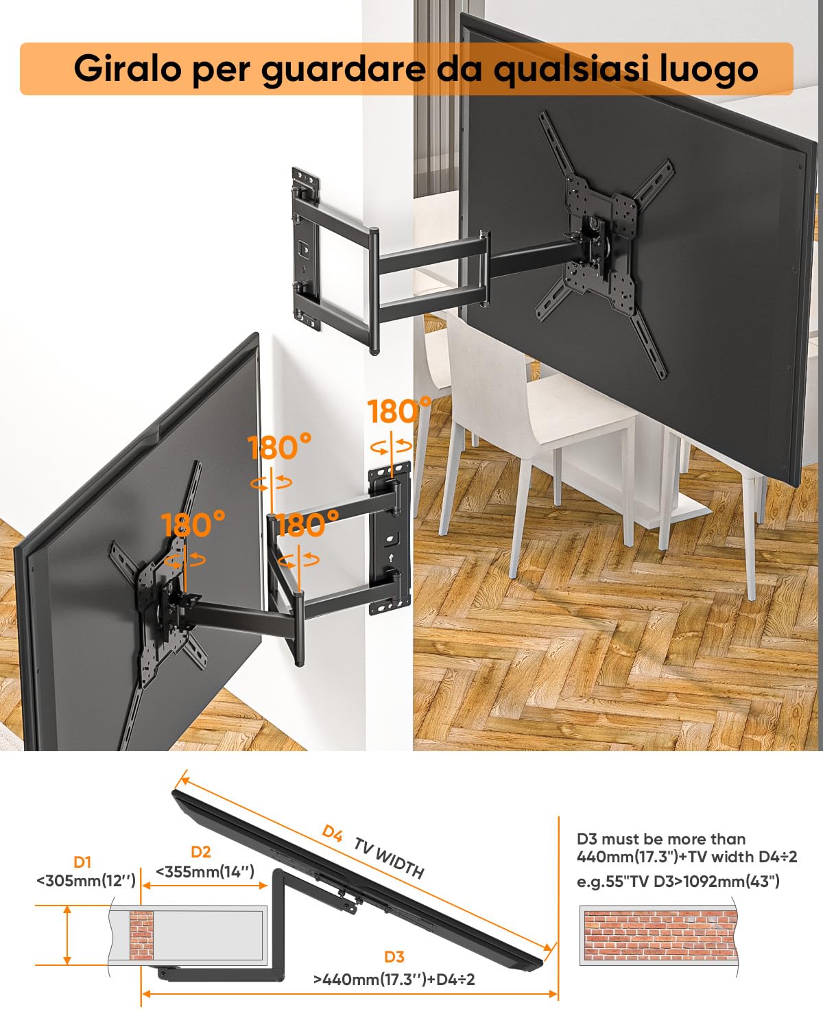 FORGING MOUNT Supporto TV Parete con Braccio Extra Lungo 1035mm per 26-65 Pollici fino a 35KG, Ruotabile a ±90°orizzontale/verticale con 3 bracci pieghevoli, Max VESA 400x400mm
