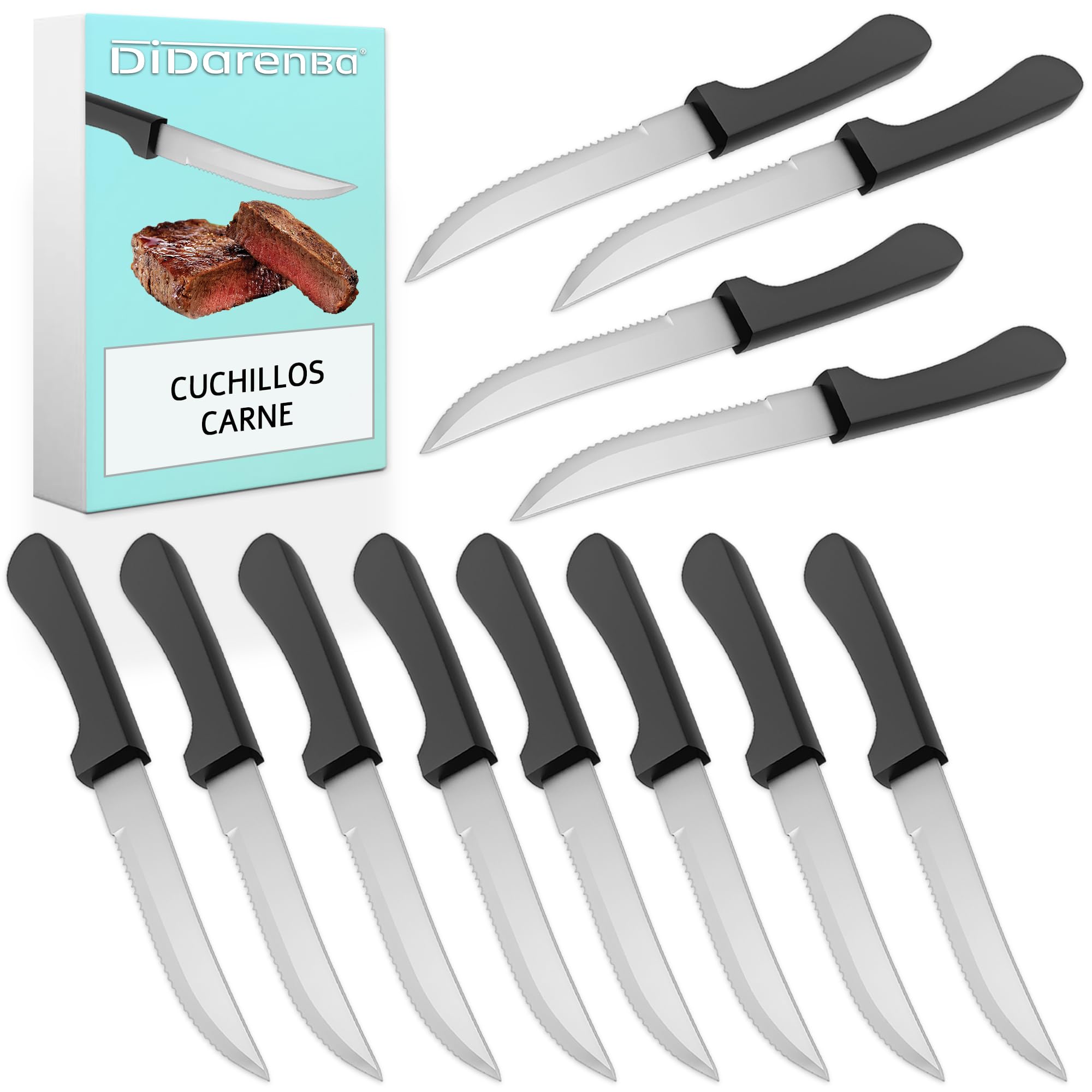 Didarenba Cuchillos carne mesa de acero inoxidable 12 uds – Siempre afilados con filo sierra – Corte sin esfuerzo para bistec y chuletón – Ideales para familias y restaurantes – Aptos lavavajillas
