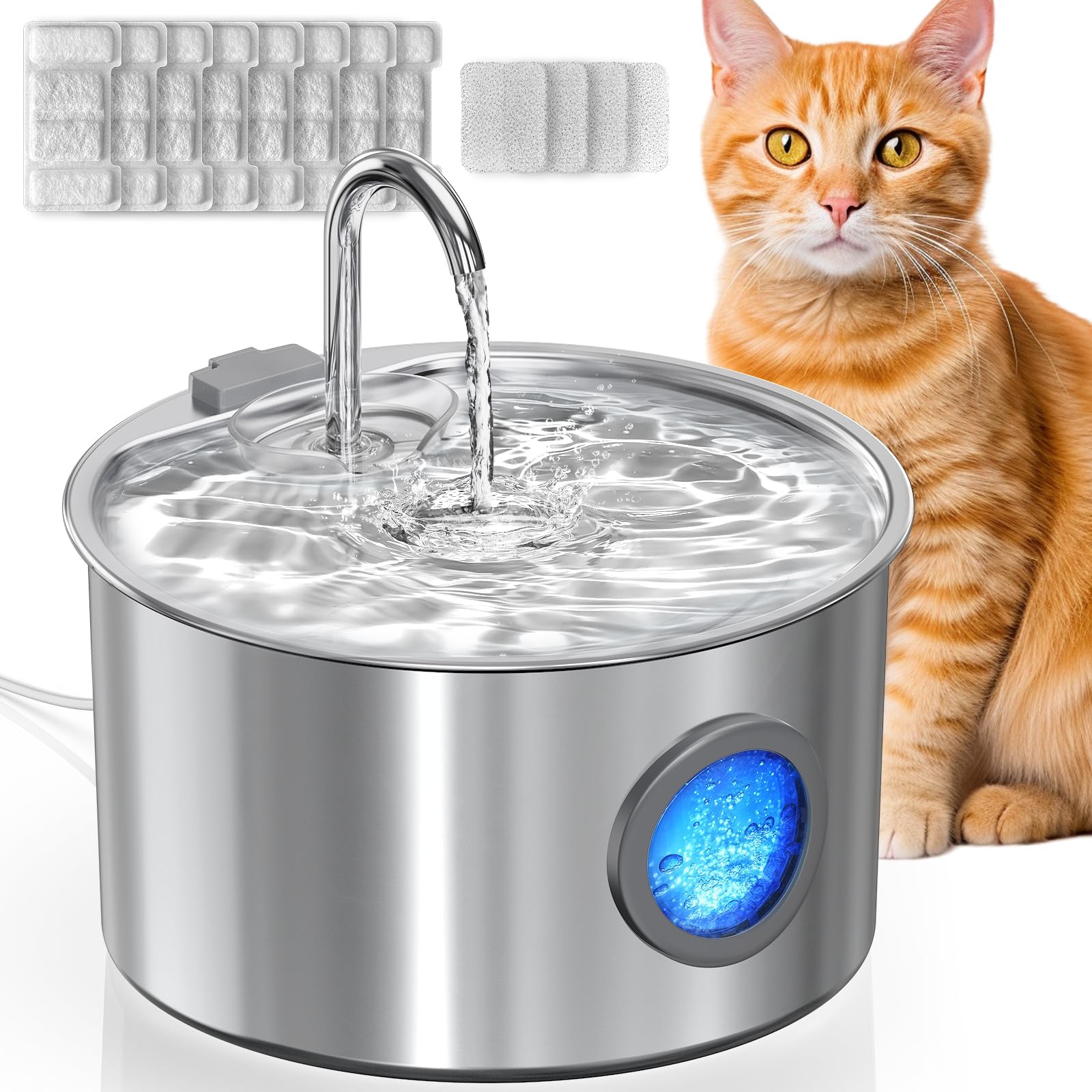 TIIXXE 3.2L Cat Water Fountain, Ultra-Quiet Pet Water Dispenser with LED Light & 3-Stage Filtration, BPA-Free Plastic, Suitable for Cats, Dogs, Small Animals (Water Fountain + 8 Filters + 5Sponge) — image 1