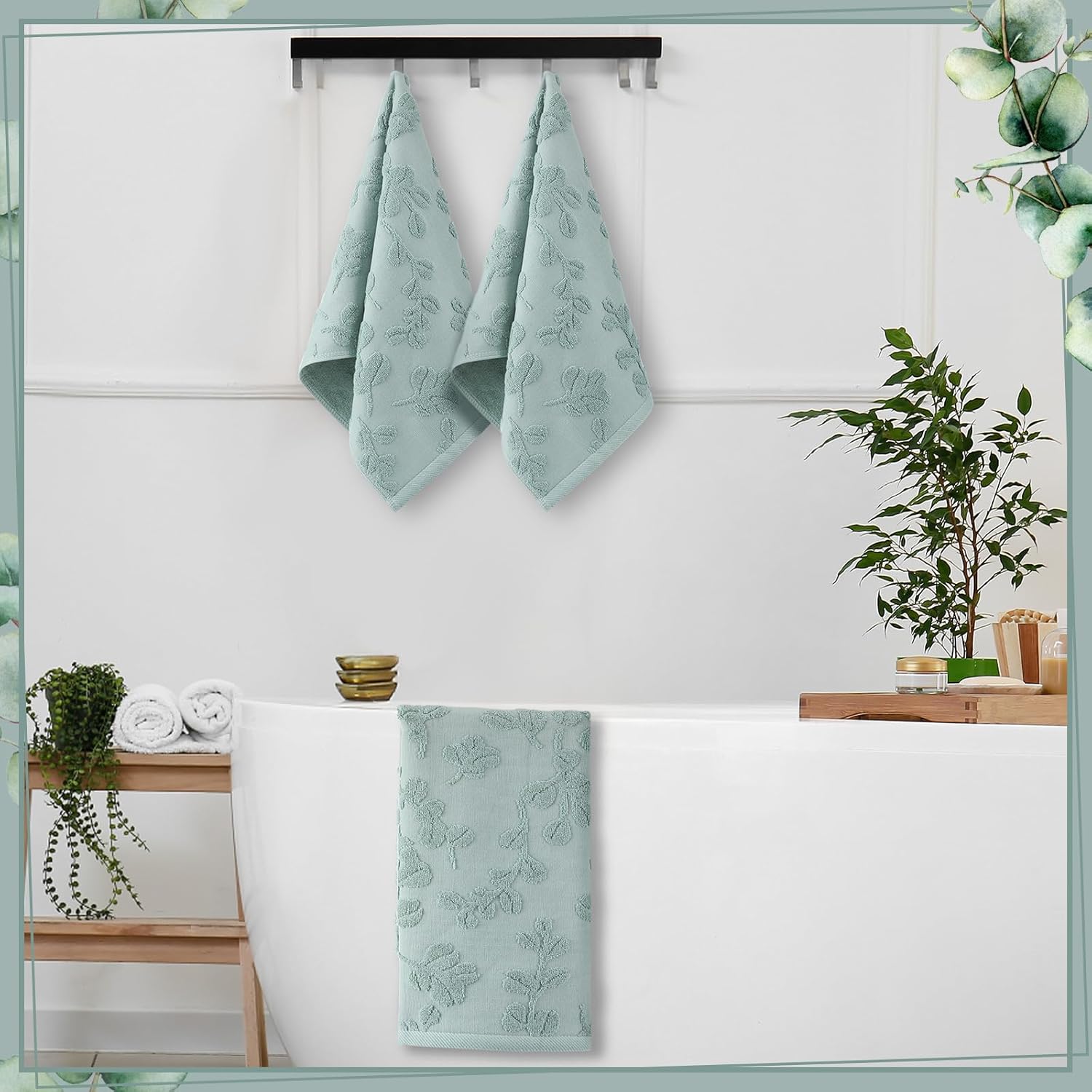 2Pcs Eucalyptus Leaves Hand Towels for Bathroom 100% Cotton Jacquard Weave Bath Towel Set Absorbent Dish Washcloth for Bathroom Kitchen Summer Theme Gifts 13.8 x 29.5 Inch (Sage Green) - Image 4