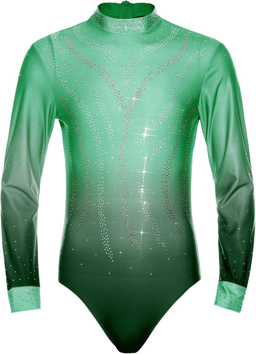 Rhinestones Figure Ice Skating Leotard for Men Long Sleeve Training Dance Bodysuit One-piece Jumpsuit
