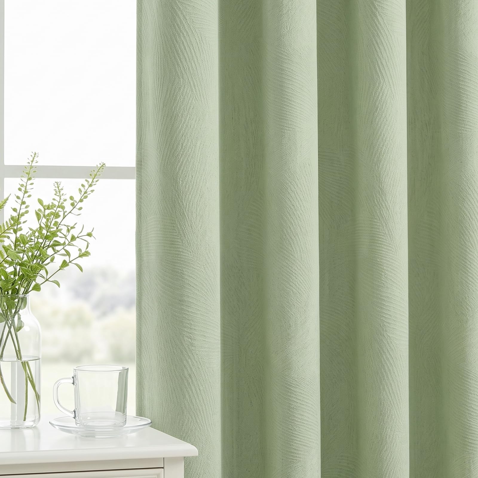 Sage Green Curtains with 3D Leaf Textured for Living Room & Nursery - Light Green Eyelet Drapes, 84 inch Drop, 85-95% Room Darkening, Thermal Insulated & Noise Reducing for Bedroom & Office