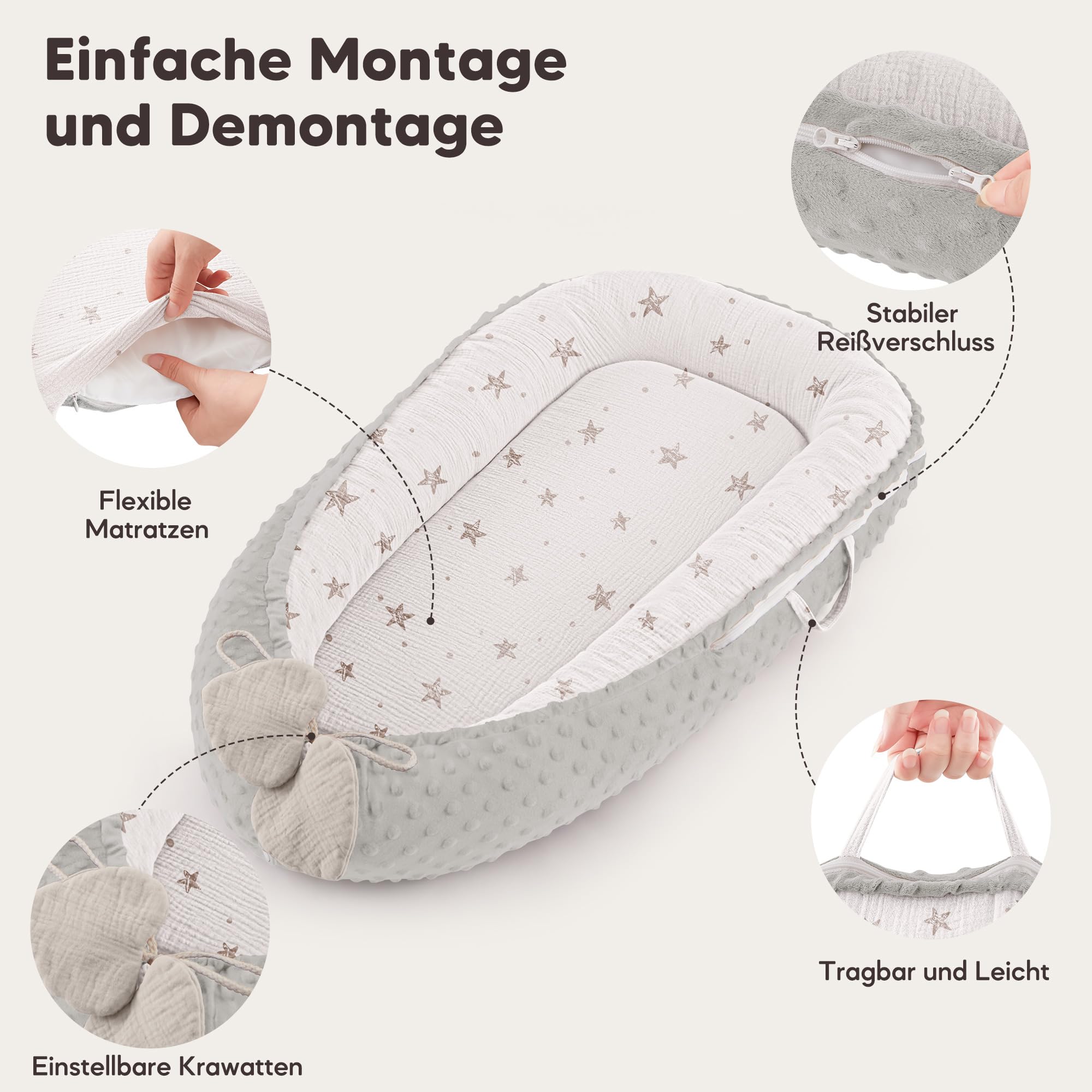 Bearmoss Baby Nido bebé recién Nacido 90x50 cm - Reductor Cuna Cuco de colecho Minky Winter cálido Capullo Ideal para moisés(Estrella Blanca)