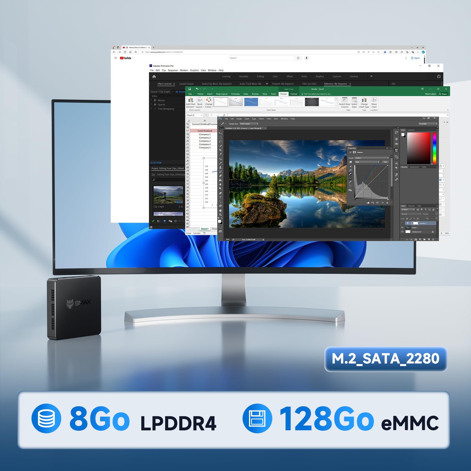 BMAX B1 Mini PC 8 Go LPDDR4 128 Go eMMC W-11 Gemini Lake N4000 (jusqu'à 2,6 GHz) Double écran Prend en Charge 4K HDMI, WiFi 2,4 G/5 G, Bluetooth 5.0 PC Domestique, Ordinateur de Bureau